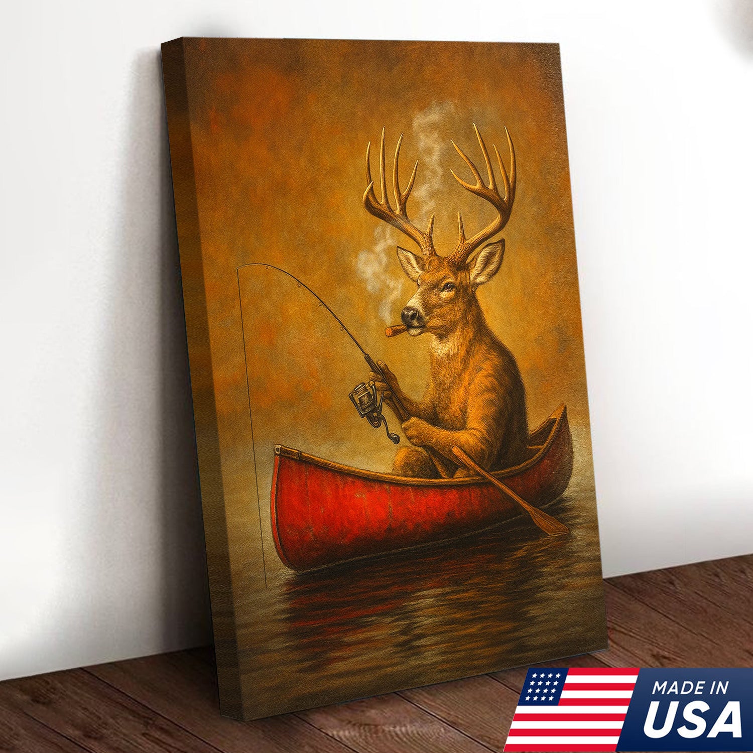 Funny Mule Deer Fishing Canvas Wall Art, Rustic Cabin & Lodge Decor for Hunters & Fishermen