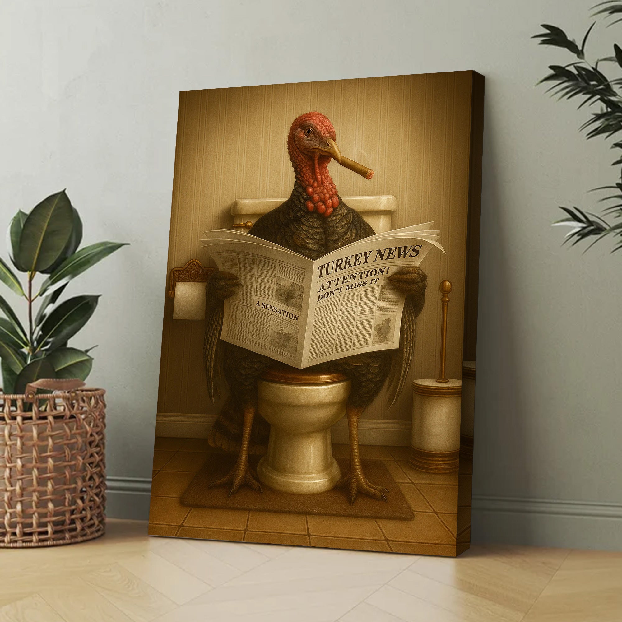 Smoking Turkey Canvas – Funny Bathroom Wall Art for Hunters & Farmhouse Decor