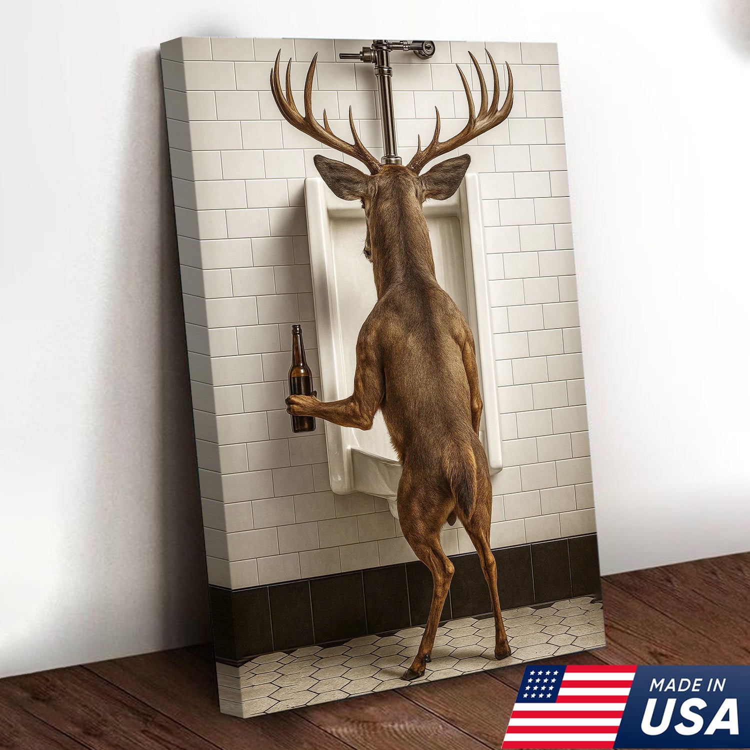 Deer Holding Beer and Standing at the Urinal Canvas – Hilarious Bathroom Wall Art for Rustic Cabin & Man Cave