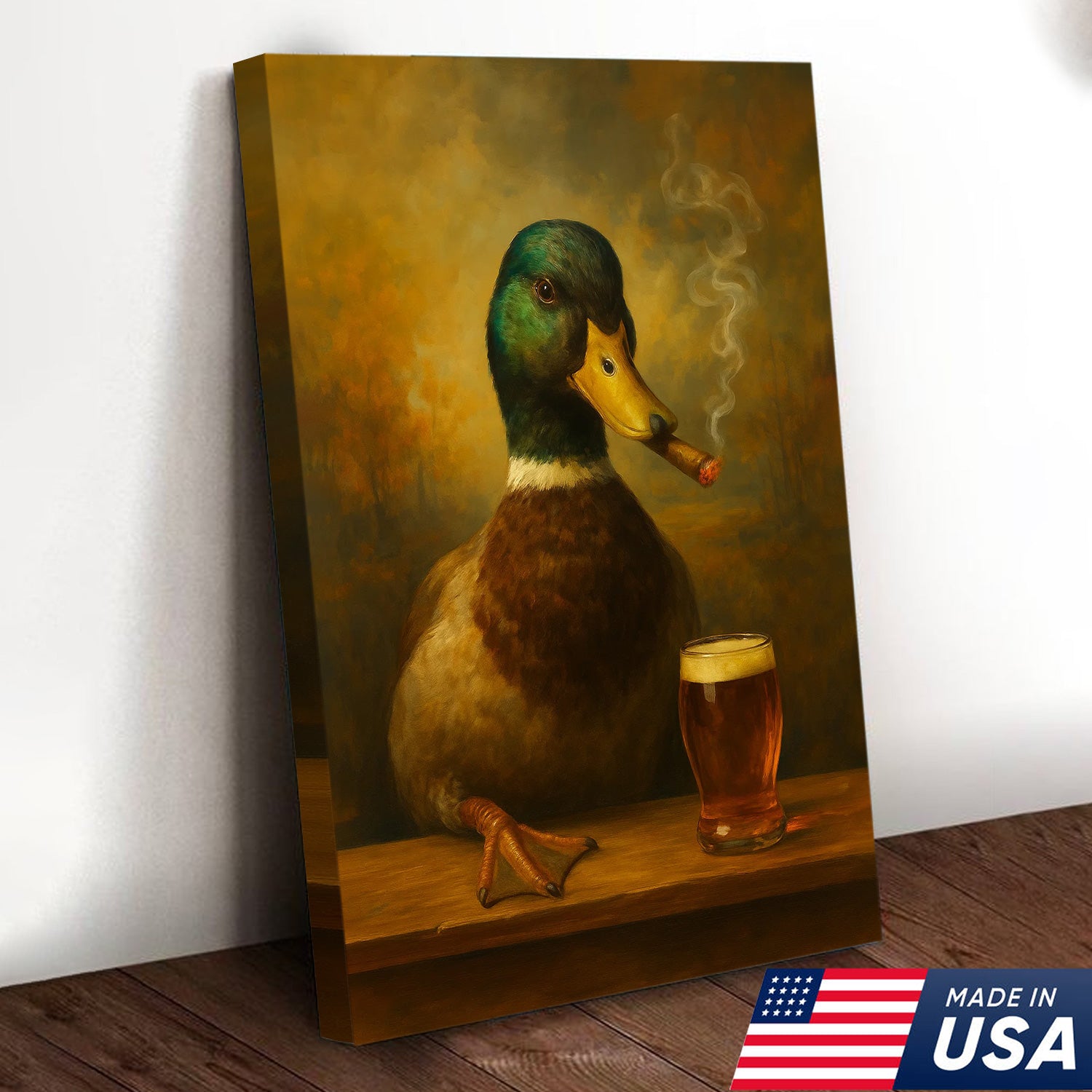 Funny Mallard Duck Smoking & Drinking Cocktail Glasses Canvas Wall Art - Rustic Hunting Perfect Gift for Hunters & Cocktail Glasses Lovers