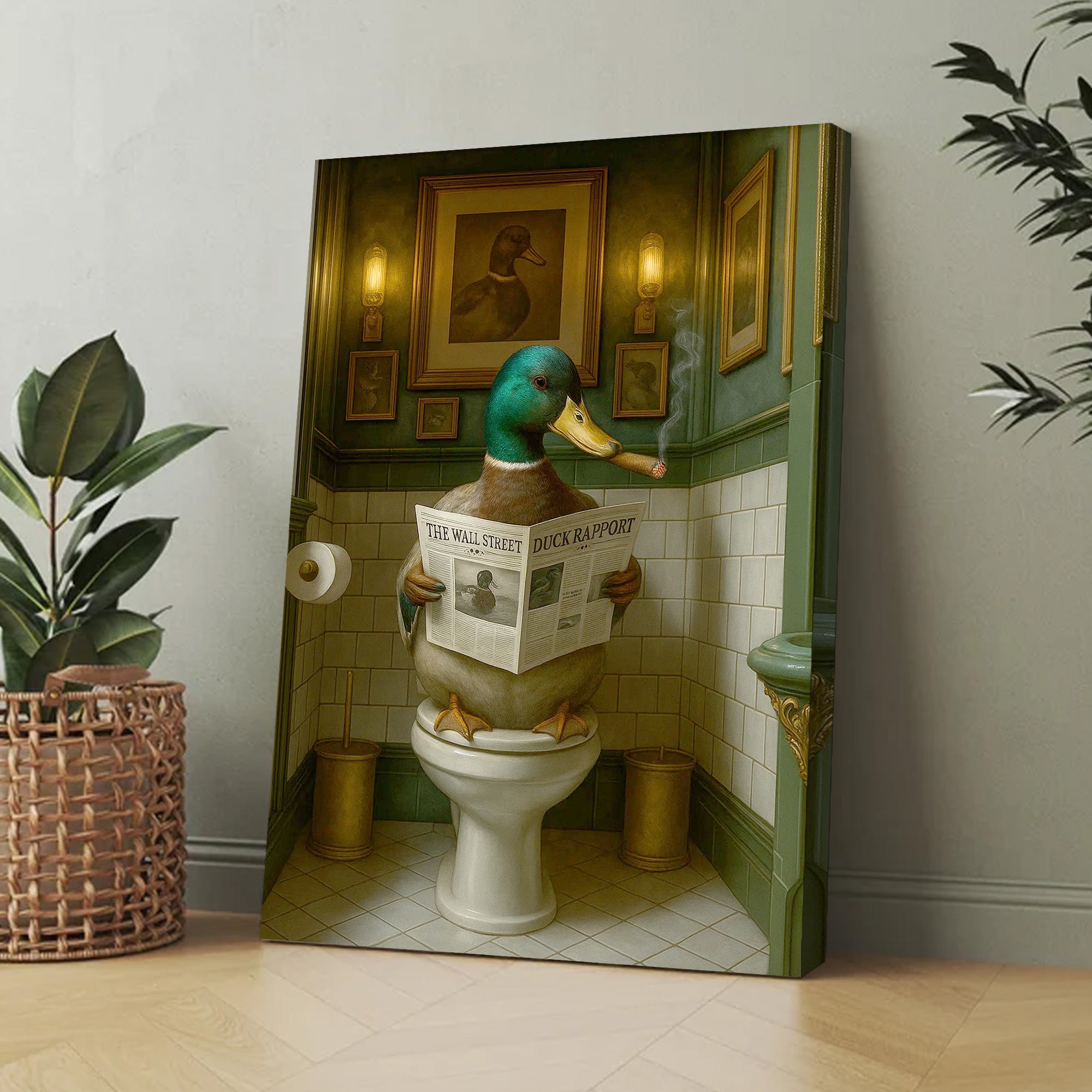 Duck Reading News Bathroom Wall Art – Rustic Decor for Men, Hunting Cabin Poster Hunters