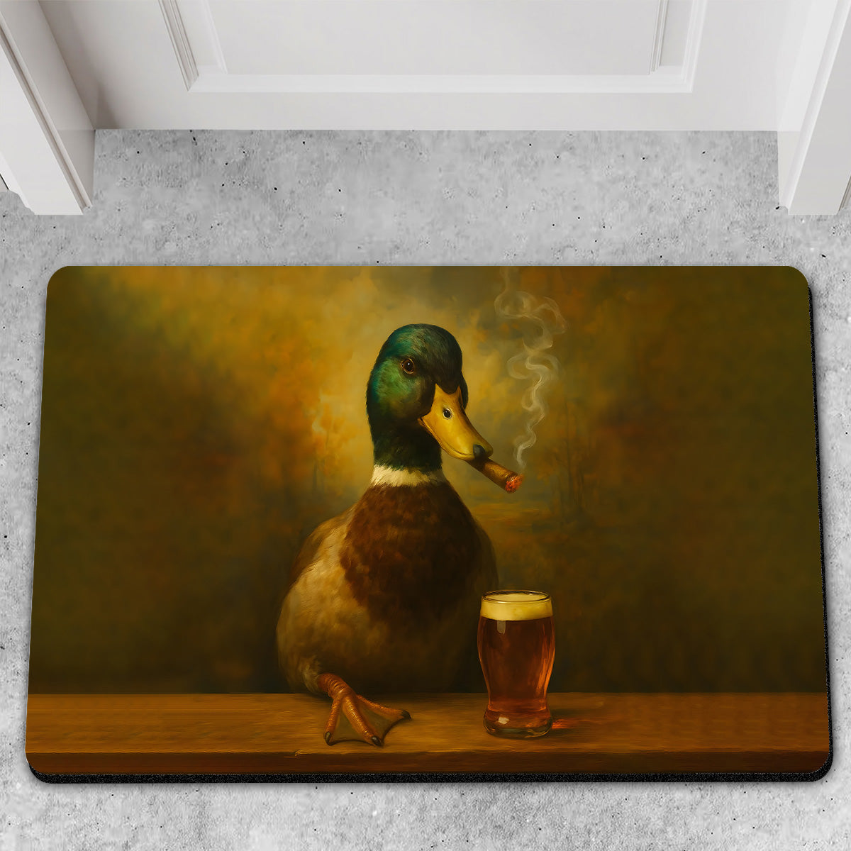 Funny Duck Barware Doormat – Hunting Lodge Rug with Drinking Glasses & Smoking-related Decor, Outdoor Cabin Decor Gift