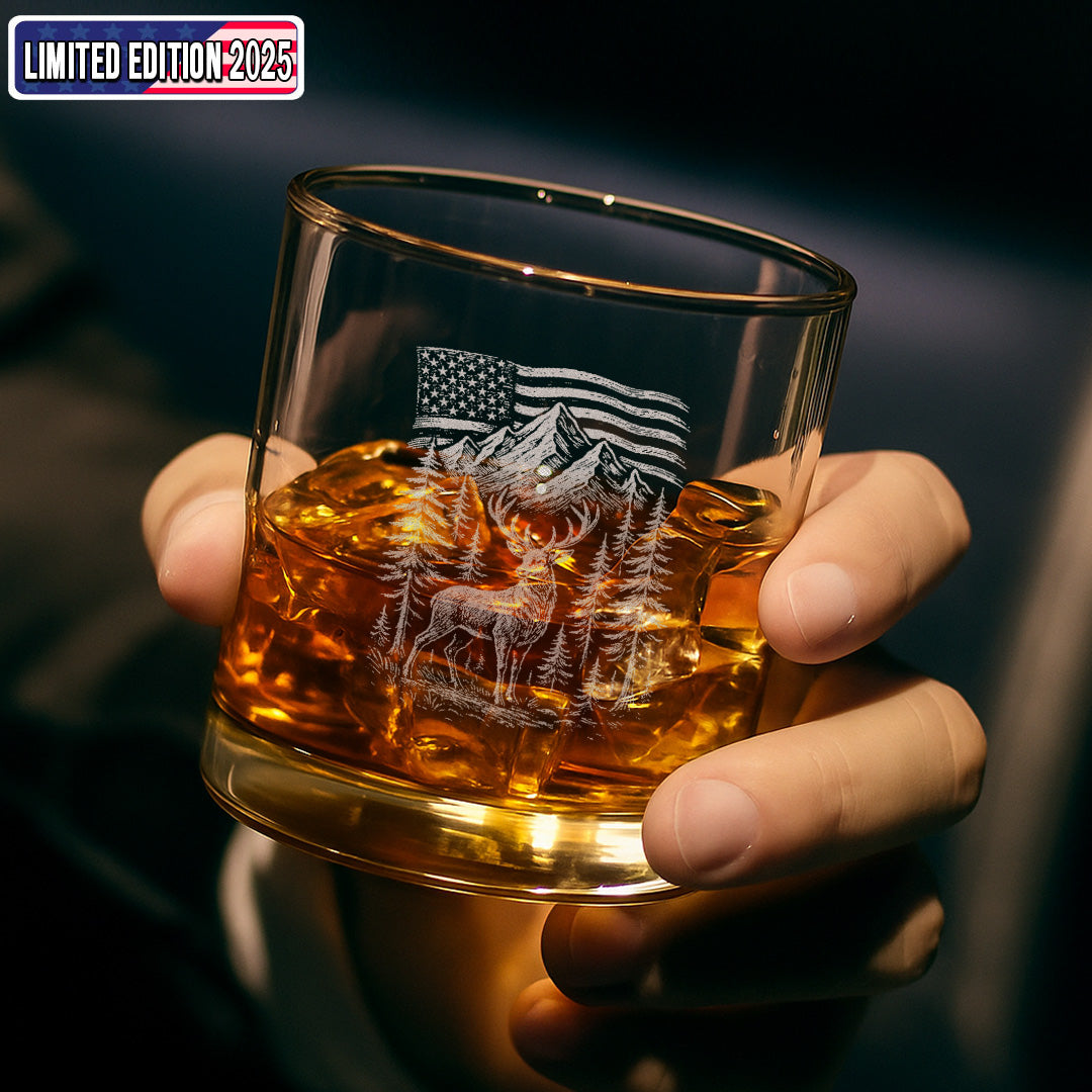 Patriotic Deer Whiskey Glass – Custom Engraved American Flag Hunting Gift for Outdoorsmen 2025 Limited Edition