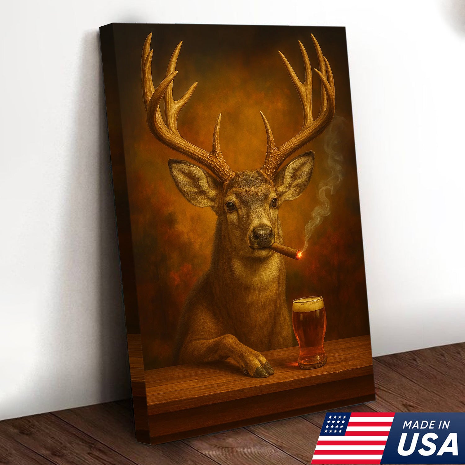Muke Deer With Smoking & Cocktail Glasses Canvas – Funny Hunting Lodge Wall Art Perfect Gift for Hunters & Cocktail Glasses Lovers