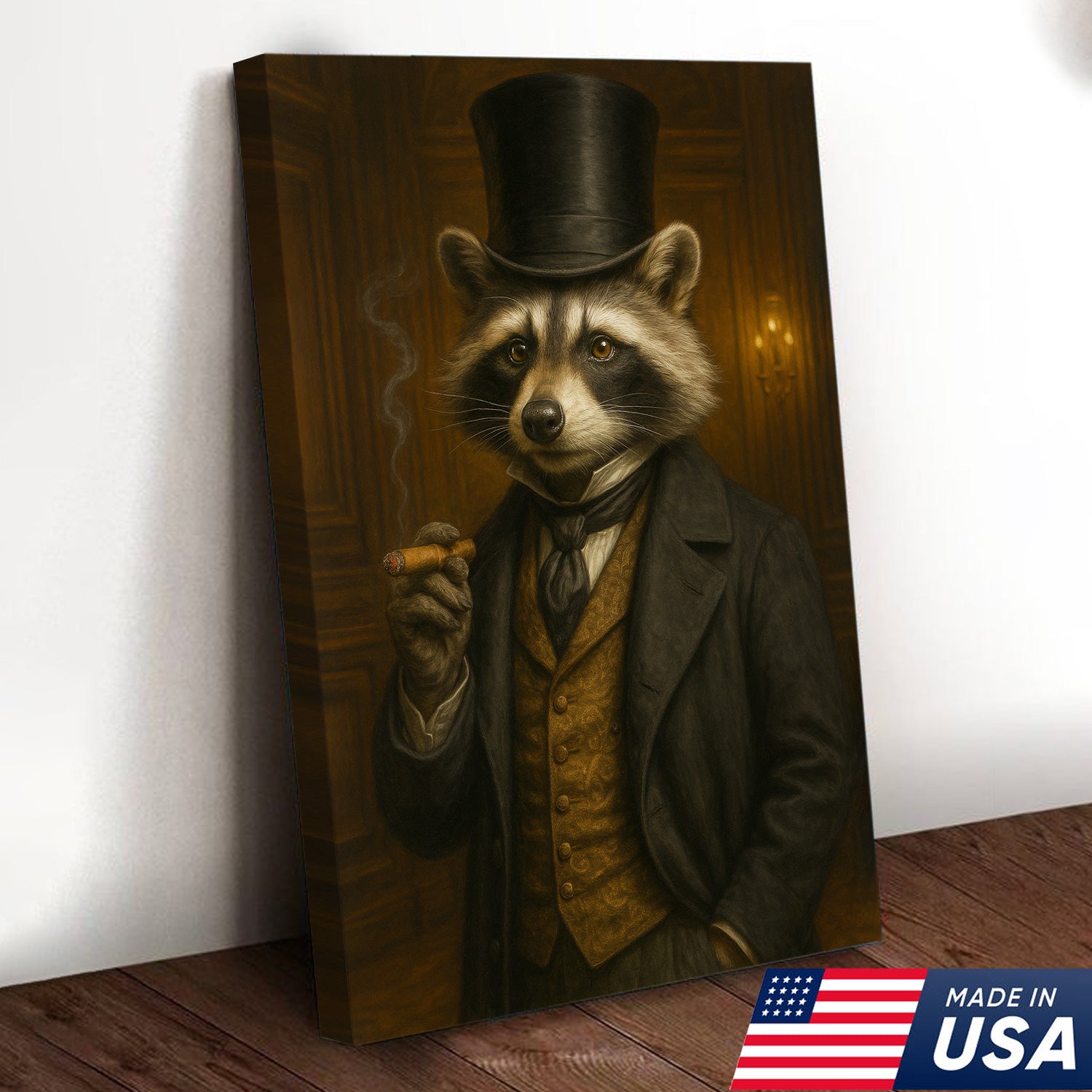 Victorian Gentleman Raccoon Canvas – Whimsical Animal Portrait for Quirky Home Decor & Man Cave