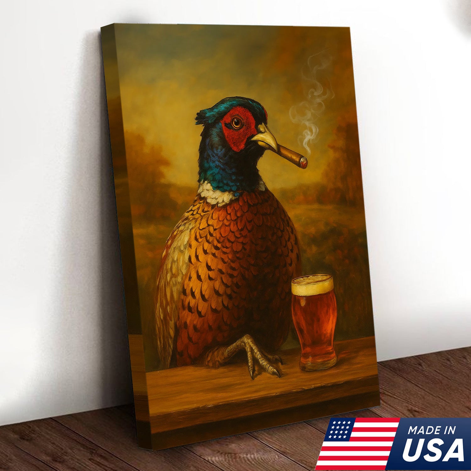 Pheasant With Smoking & Cocktail Glasses Canvas – Hunting Lodge Decor Perfect Gift for Hunters & Cocktail Glasses Lovers