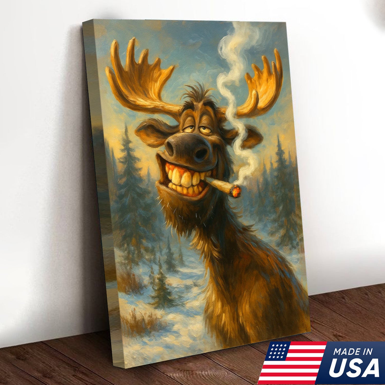 Funny Moose Smoking Canvas Wall Art – Rustic Cabin Lodge Decor
