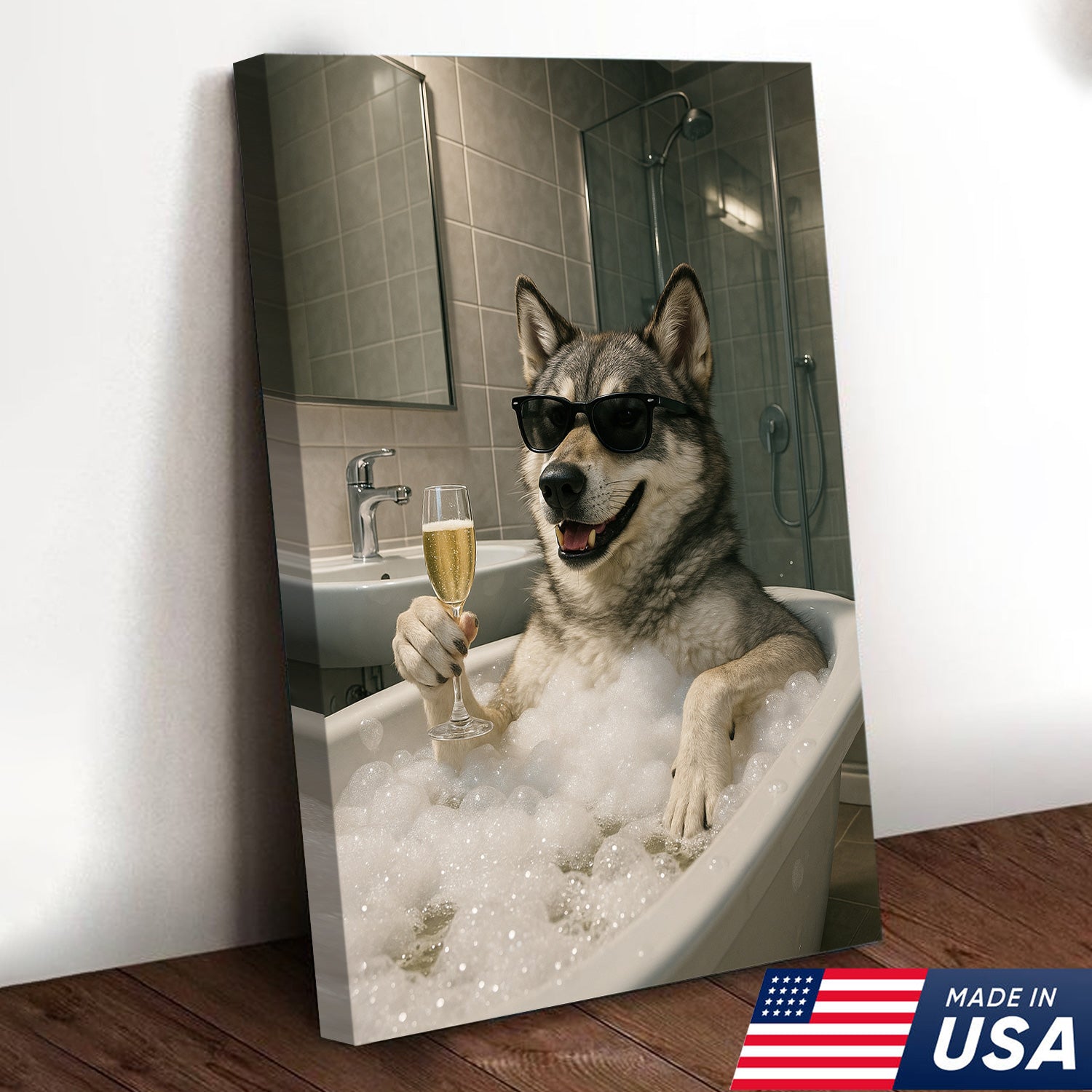 Funny Wolf Canvas Wall Art – Quirky Animal Portrait Relaxing in Bathtub for Bathroom, Rustic Cabin & Home Decor