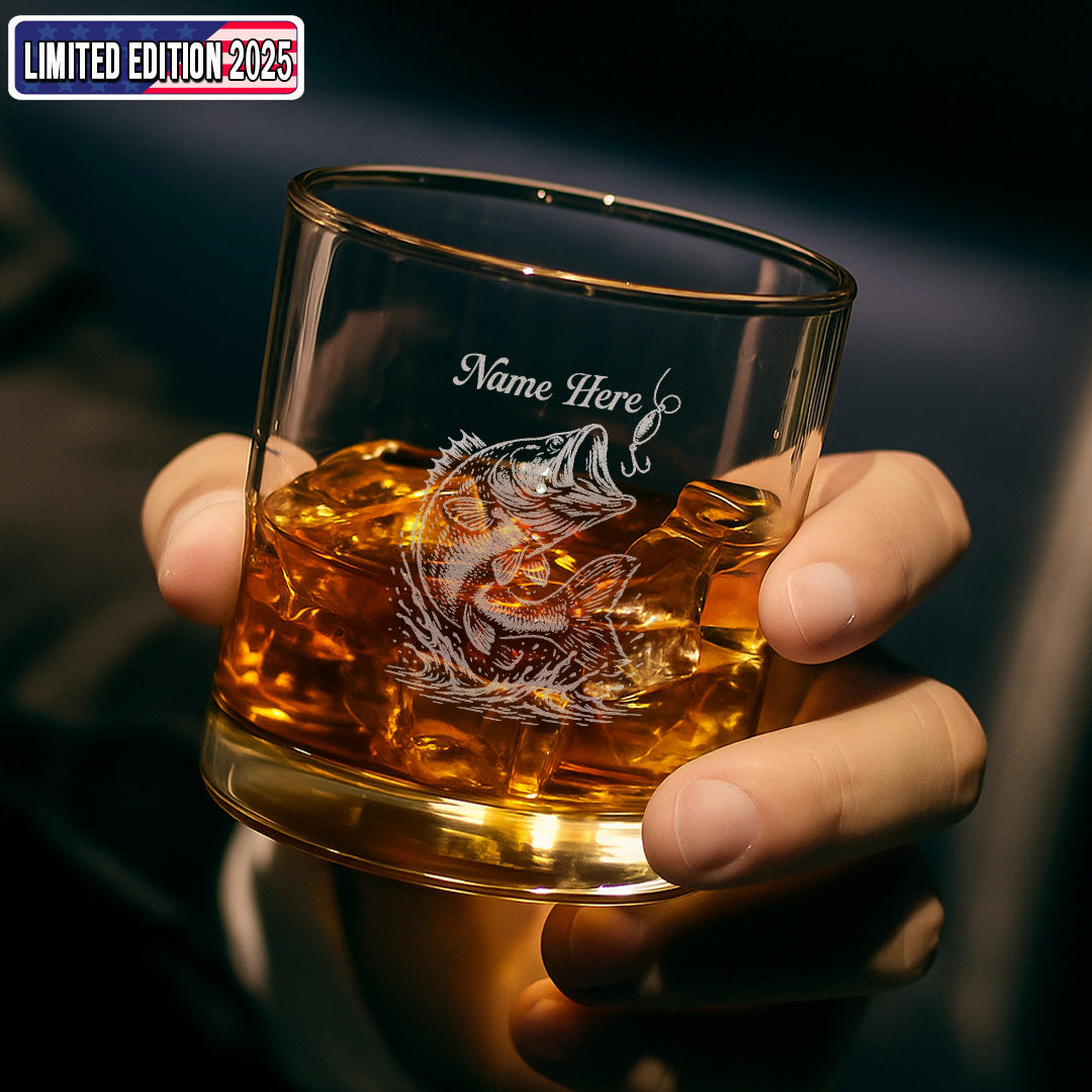 Personalized Bass Fishing Whiskey Glass – Custom Engraved Fisherman Gift with Name 2025 Limited Edition