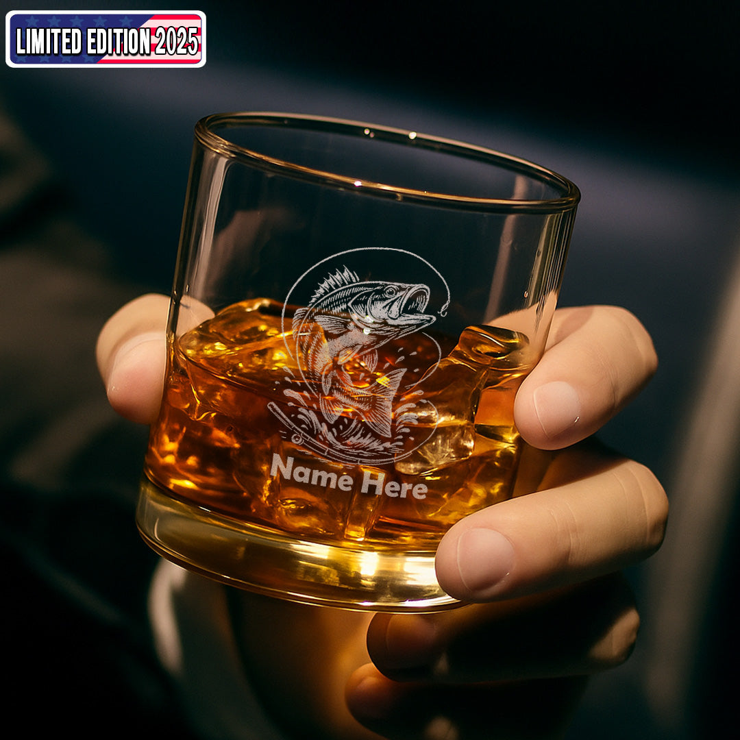 Custom Name Bass Fishing Whiskey Glass – Personalized Engraved Fisherman Gift 2025 Limited Edition