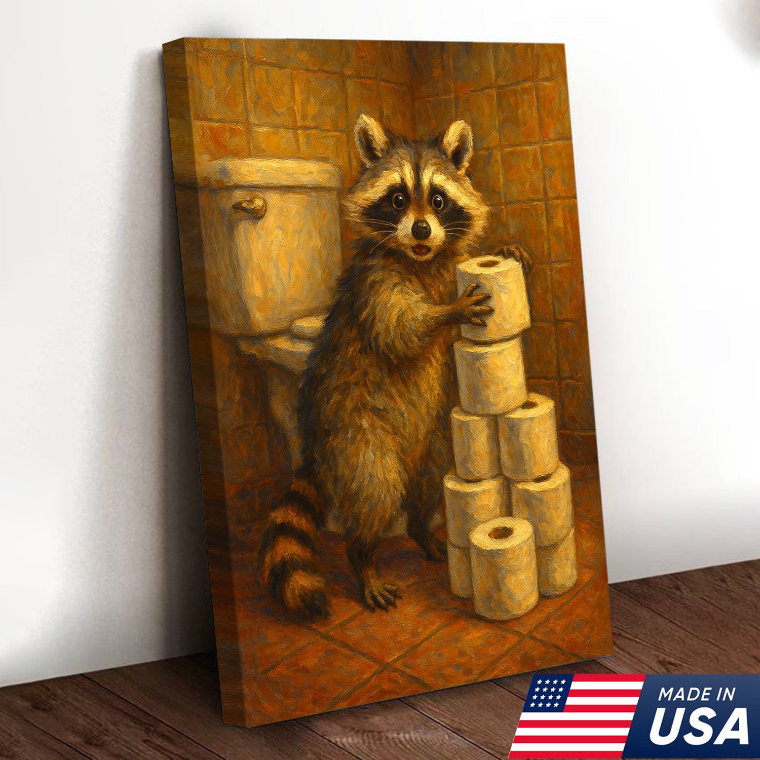 Funny Raccoon Canvas Wall Art – Cute Animal Bathroom Decor with Toilet Paper for Rustic Cabin & Home