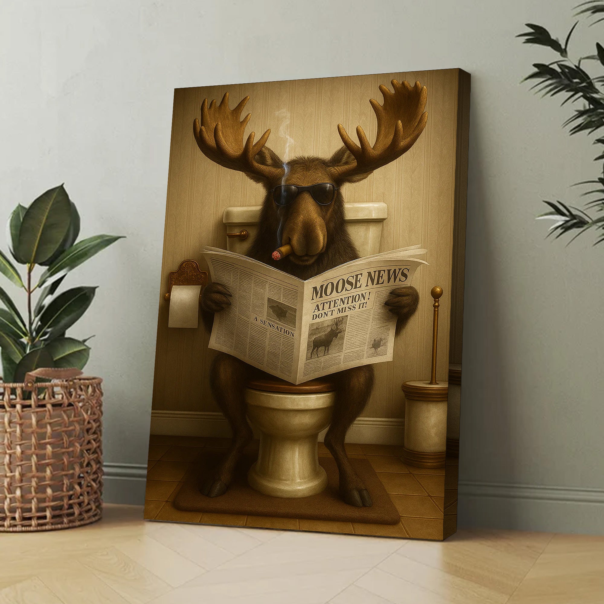 Funny Elk Hunting Lodge Moose Bathroom Canvas Wall Art – Wildlife Animal Poster - Unique Gift for Dad, Hunters & Outdoorsmen
