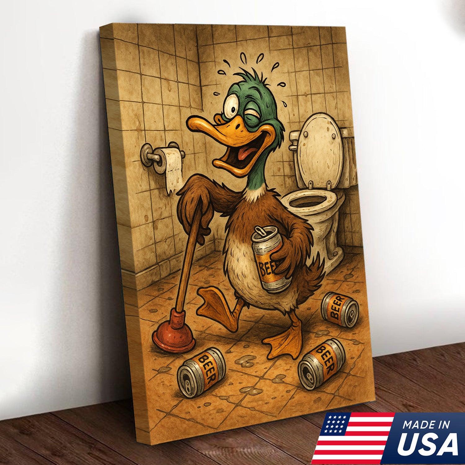 Funny Duck Canvas Wall Art – Hilarious Bathroom Decor with Soda Cans and Plunger for Rustic Cabin & Home
