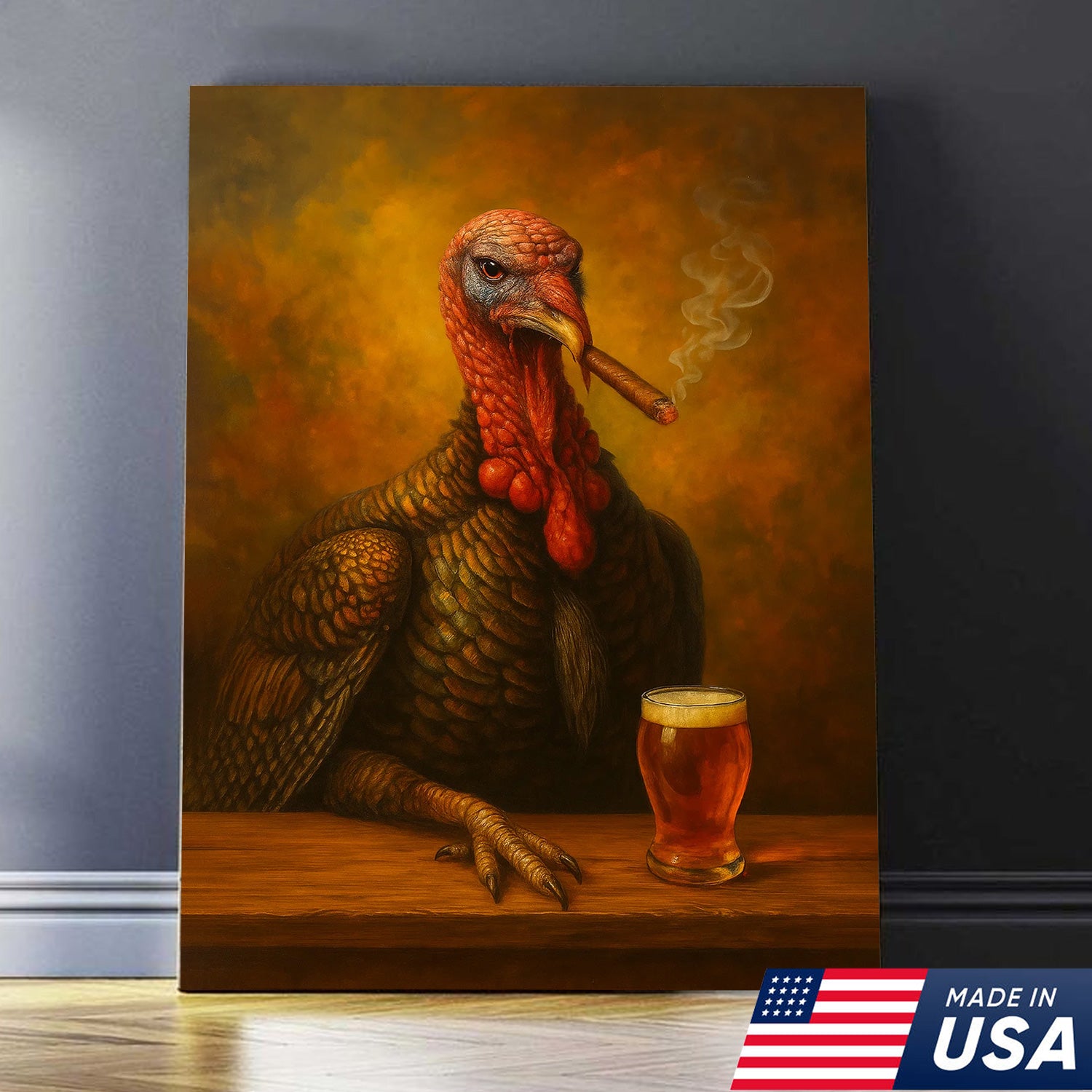 Funny Turkey Drinking Cocktail Glasses and Smoking Canvas – Rustic Farmhouse Wall Art