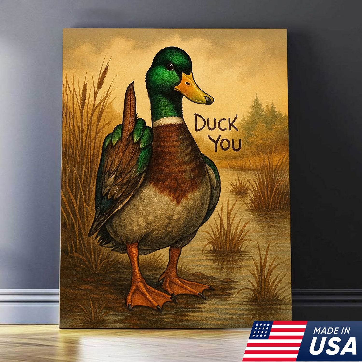Funny Mallard Duck Canvas Wall Art – Cheeky Bathroom Decor, Rustic Lake House & Farmhouse Print