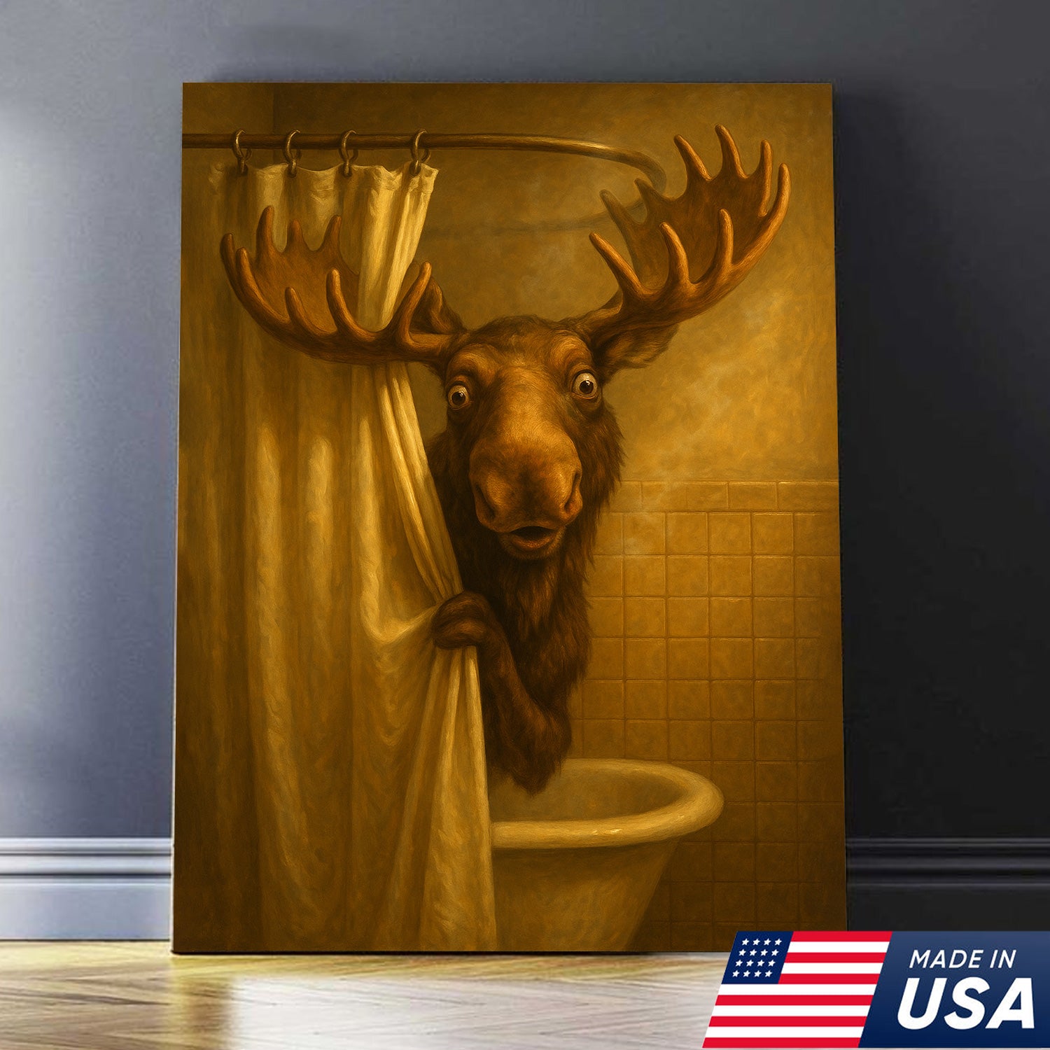 Funny Moose Bathroom Canvas Wall Art – Rustic Lodge Cabin Decor for Bathroom, Man Cave & Rustic Homes