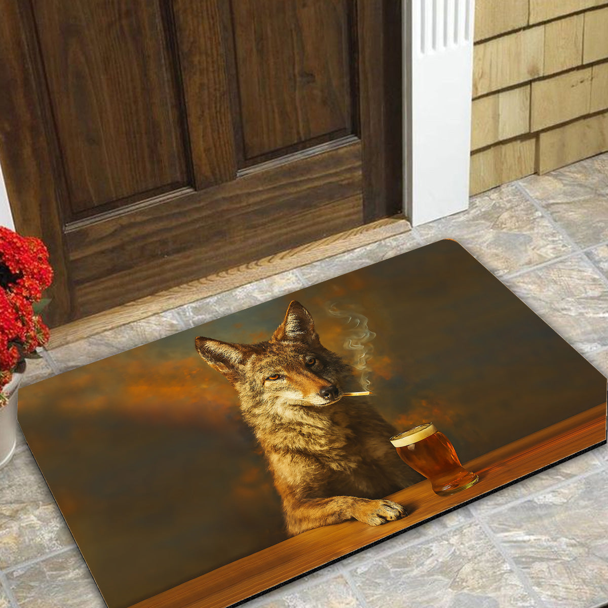 Wolf Smoking & Bar Glassware Doormat – Funny Animal Floor Mat for Hunters, Bars & Man Cave Decor