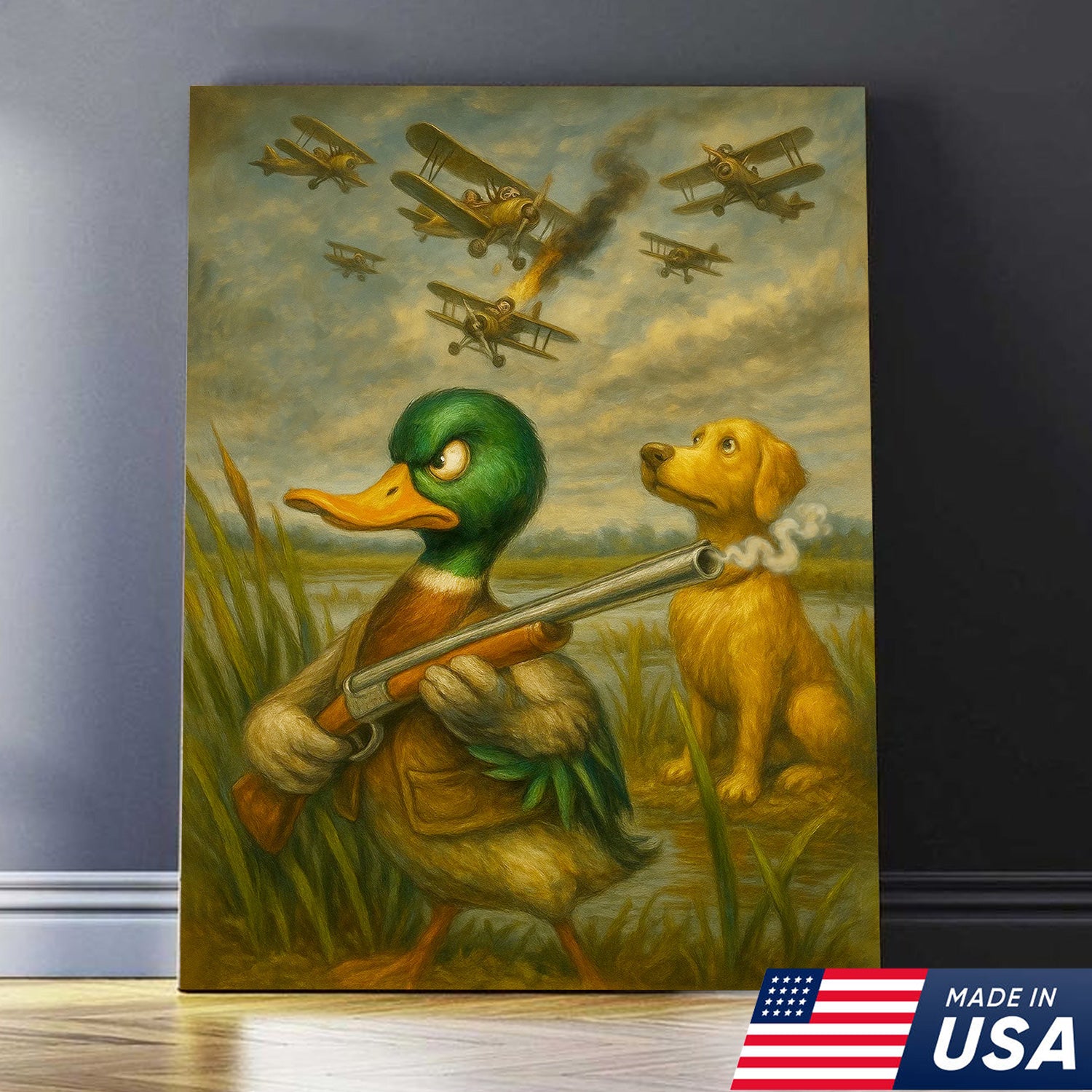 Funny Duck with Shotgun Canvas Wall Art – Hunting Dog & Airplane Battle Rustic Decor, Man Cave Lodge Gift