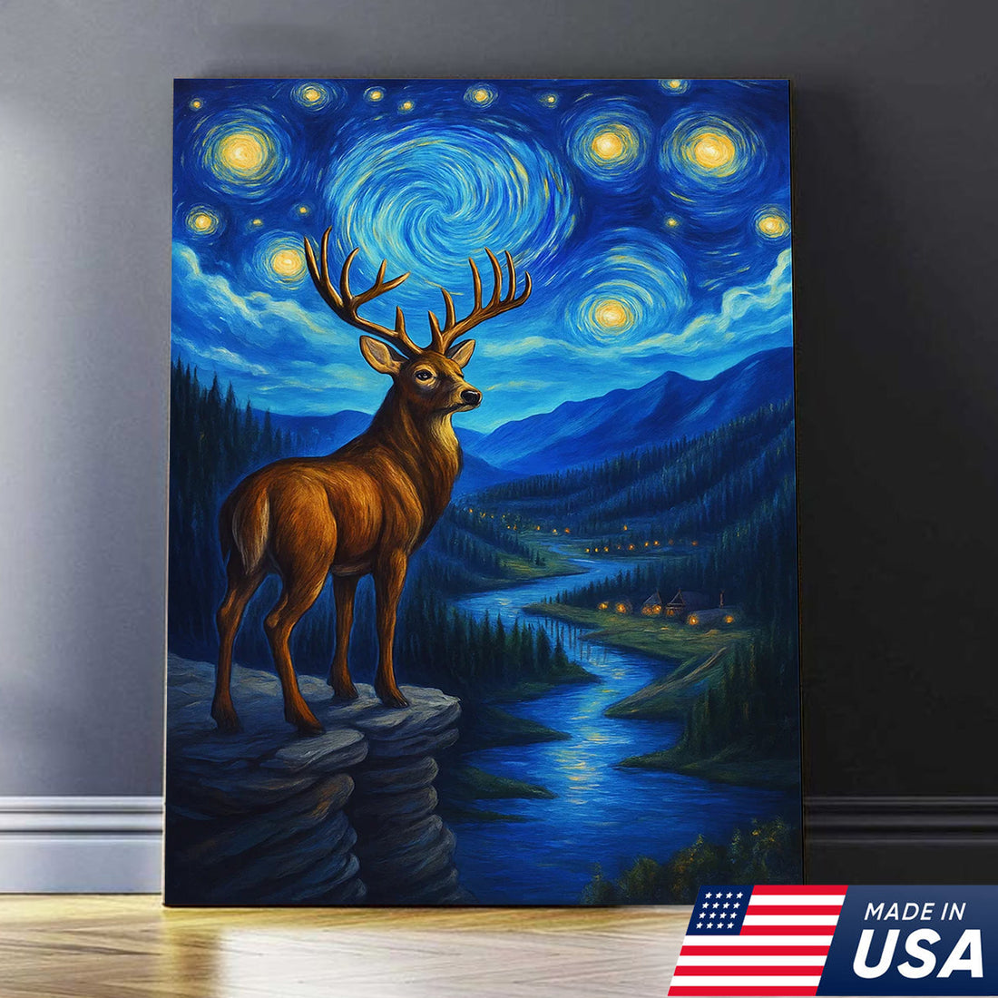 Starry Night Deer Wall Art – Mountain River Landscape Canvas - Hunter Gift for Men Women