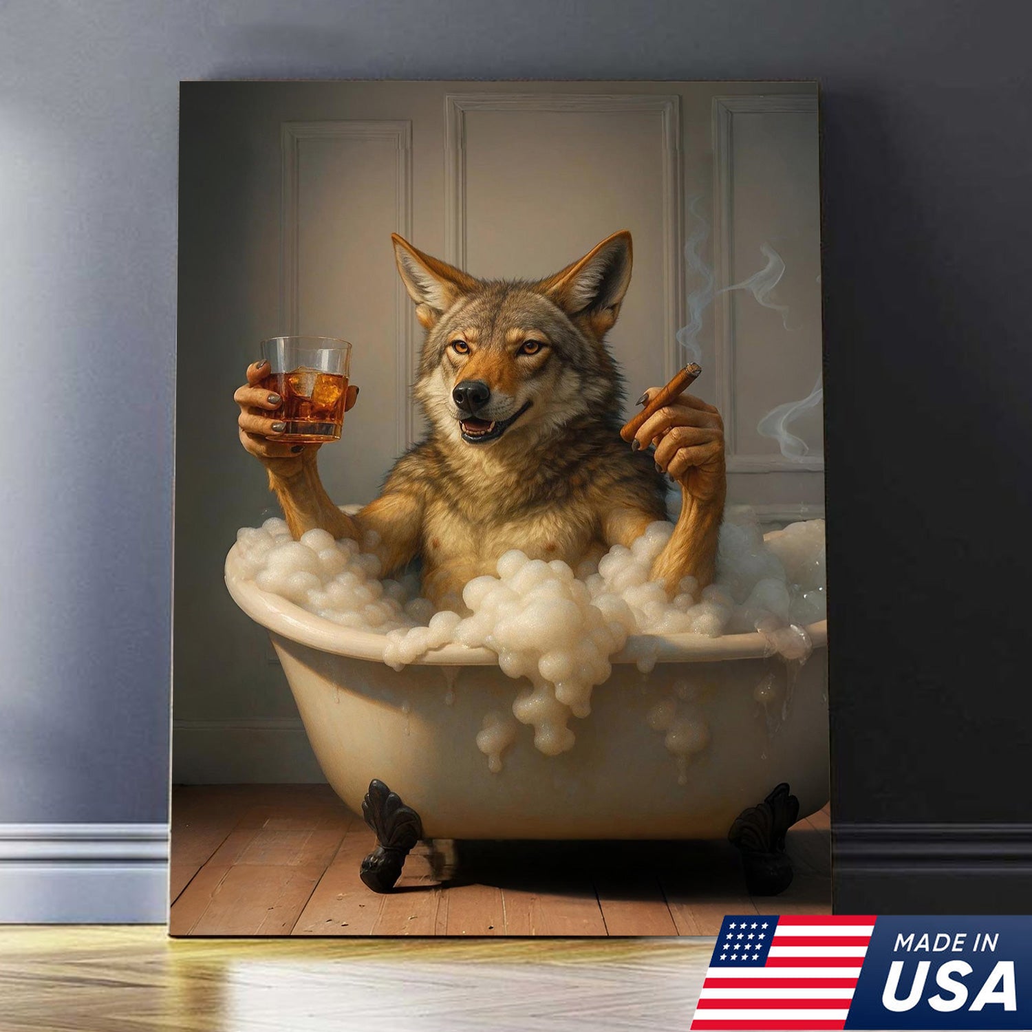Wolf Coyote Chilling in Bubble Bath Canvas Wall Art – Whimsical Bathroom Decor, Rustic Farmhouse & Cabin Print