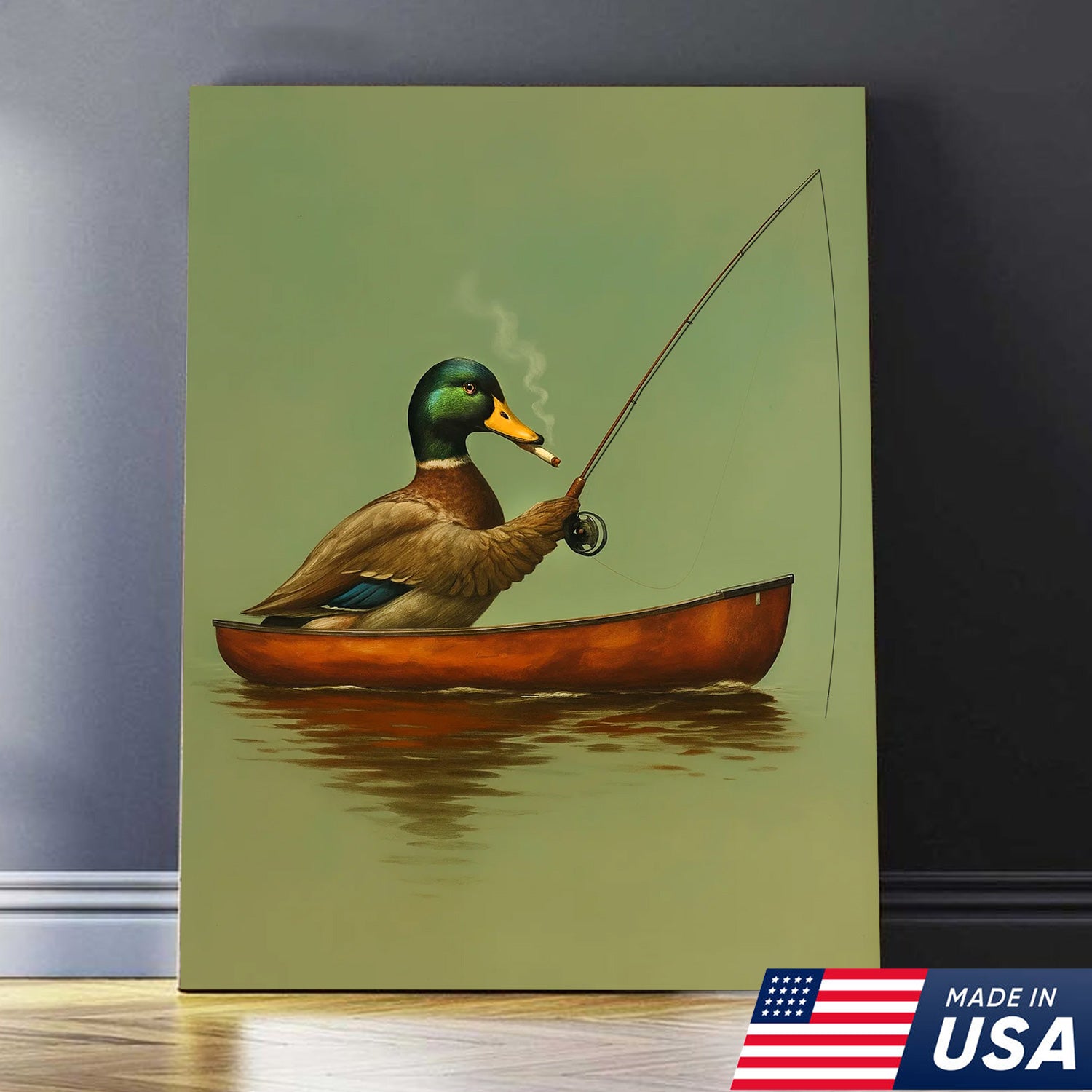 Funny Duck Fishing Canvas Wall Art, Rustic Cabin Decor for Hunters & Fishermen