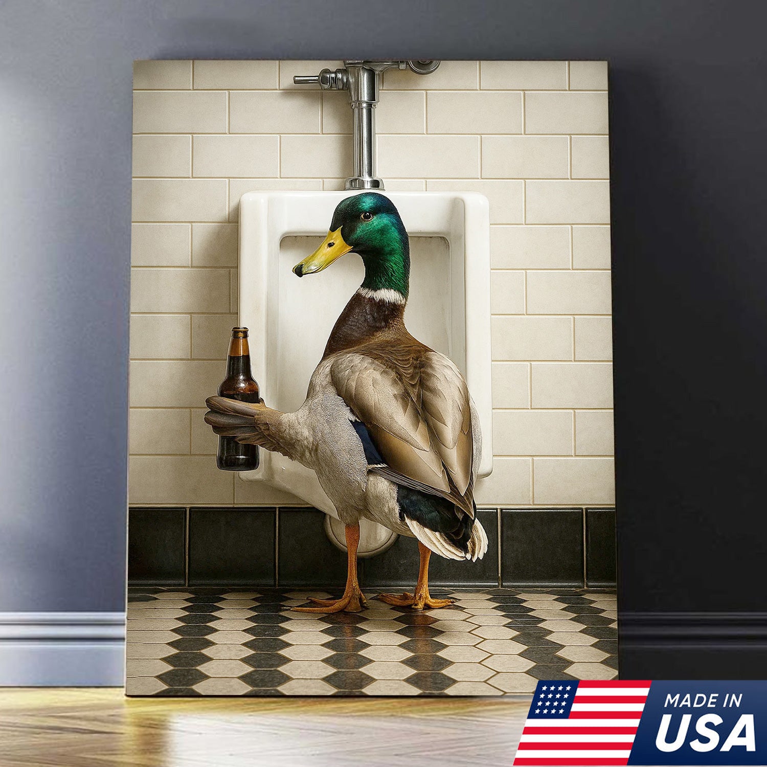 Funny Mallard Duck Holding Beer Bathroom Canvas – Duck at Urinal Wall Art, Rustic Cabin & Man Cave Decor