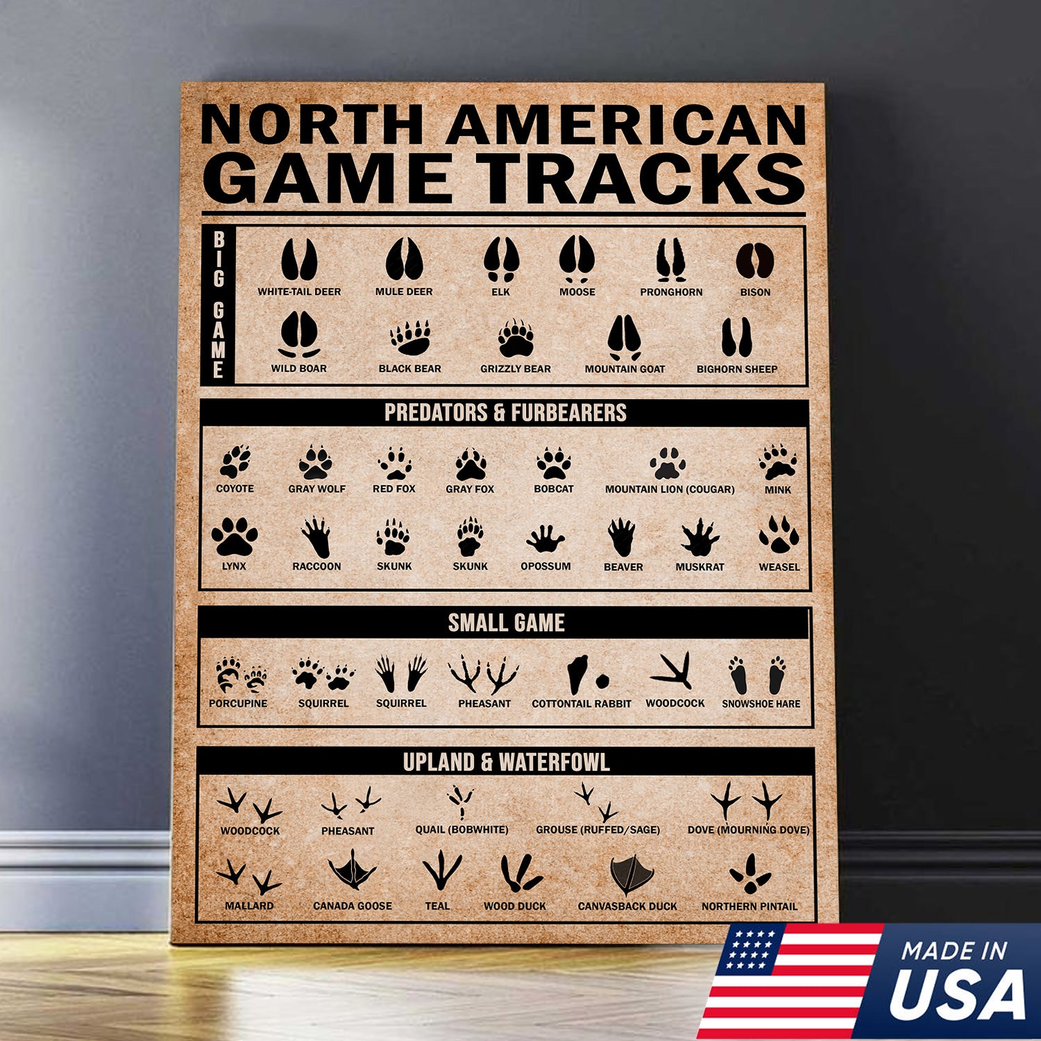 North American Game Tracks Canvas, Hunting Lodge Wall Art, Rustic Cabin Canvas Decor