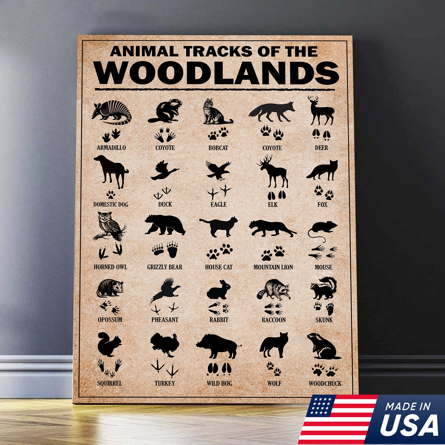 Animal Tracks of the Woodlands Canvas Wall Art, Wildlife Footprint Chart, Rustic Hunting Cabin & Educational Decor