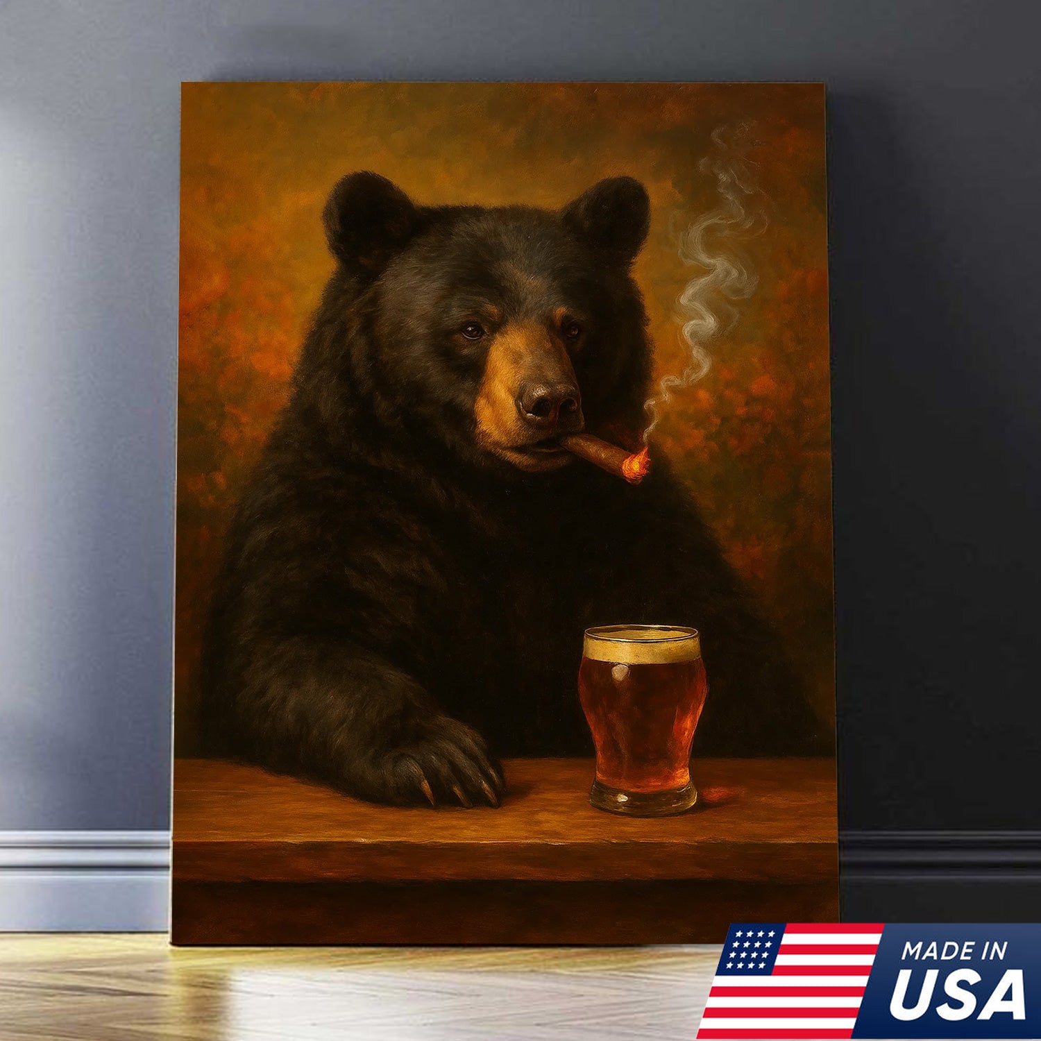 Funny Bear Drinking Cocktail Glasses & Smoking Canvas Wall Art - Rustic Bar & Hunting Lodge Decor