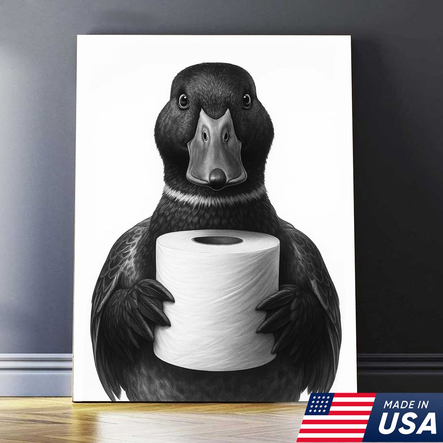 Mallard Duck Canvas Wall Art, Funny Animal Portrait Holding Toilet Paper, Black and White Bathroom Decor Print