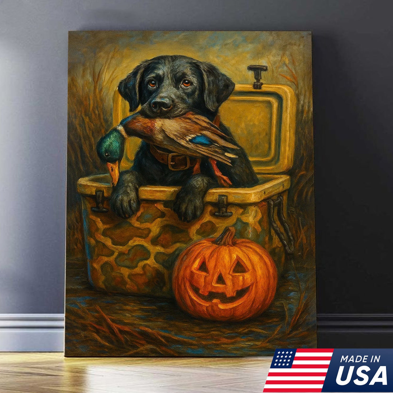 Labrador Retriever Hunting Dog Canvas Wall Art – Black Lab with Duck and Halloween Pumpkin Decor