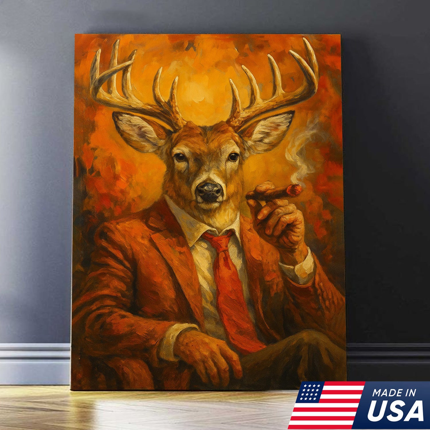 Deer Smoking Canvas, Buck Wall Art Print in Suit for Man Cave, Rustic Hunting Cabin & Smoking Lounge