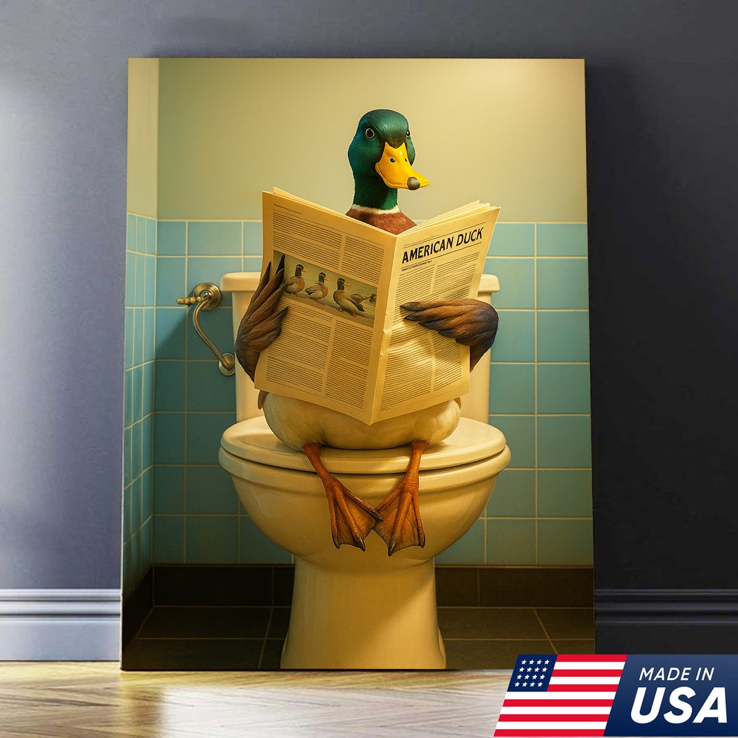 Funny Duck Bathroom Wall Art Canvas – Mallard Reading Newspaper Canvas Decor