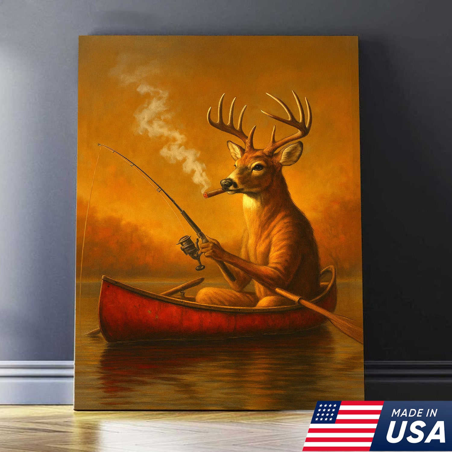 Rustic White Tailed Deer Fishing Canvas, Funny Hunting Wall Art for Fisherman & Hunter Gift Decor