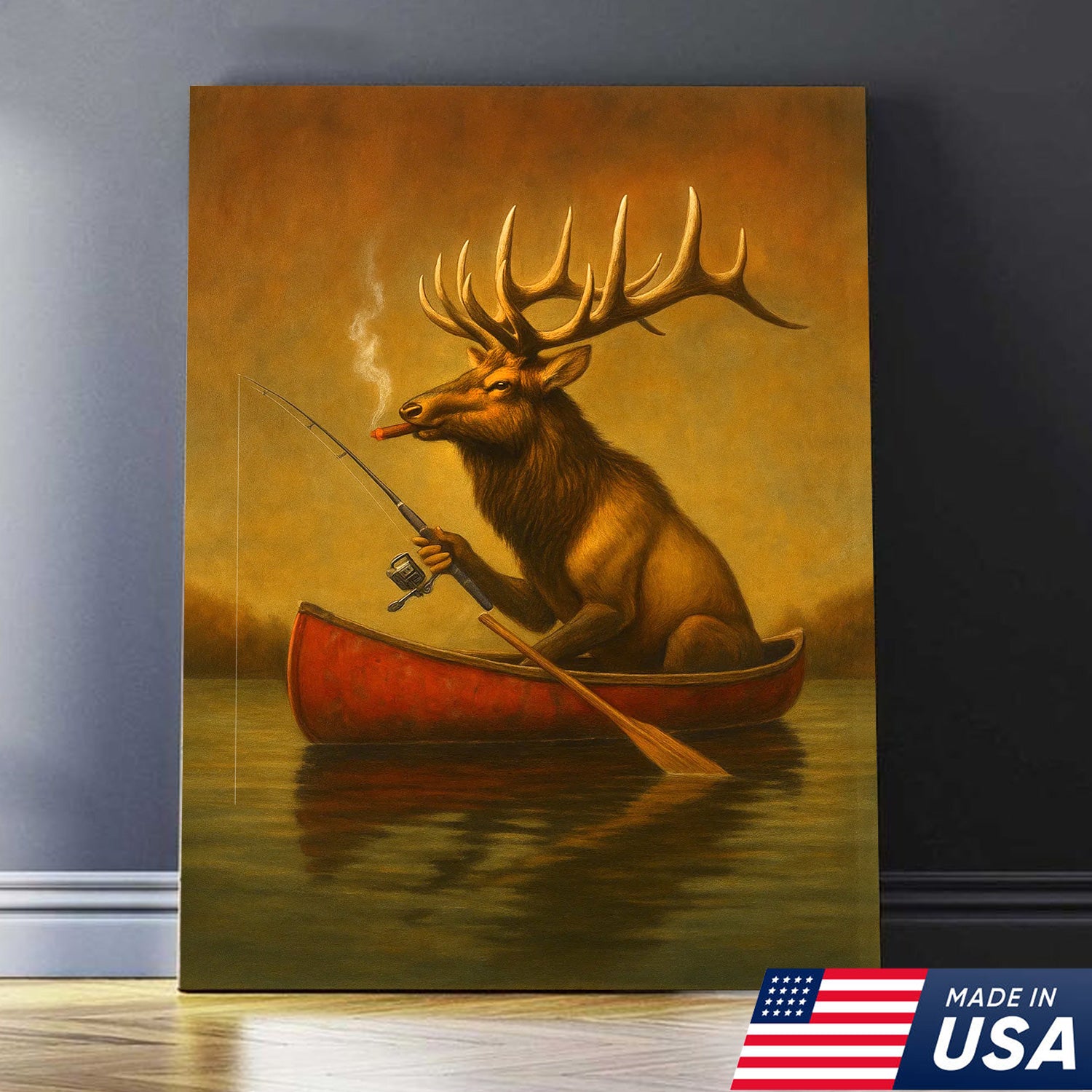 Funny Elk Fishing Canvas Wall Art – Rustic Cabin Decor for Hunters & Fishermen