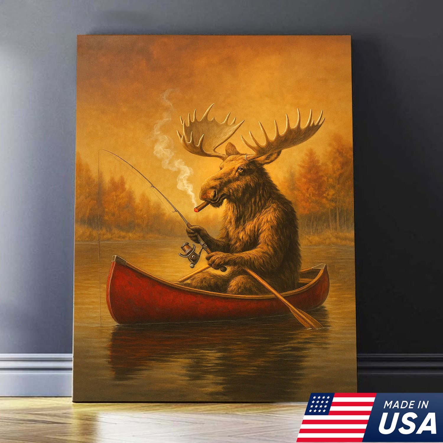 Funny Moose Fishing Canvas Wall Art, Rustic Cabin & Lodge Decor for Hunters & Fishermen