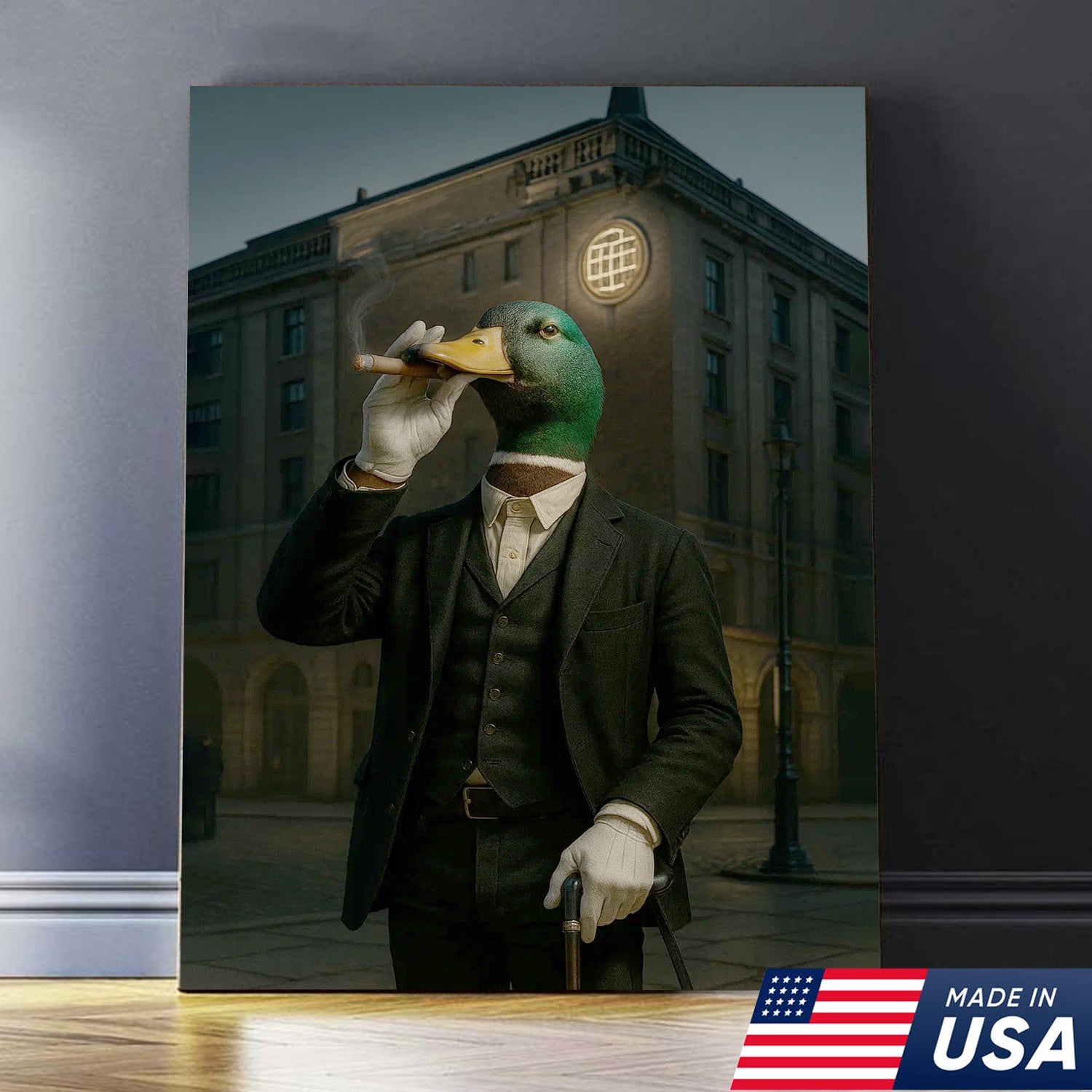 Mallard Gentleman Canvas – Duck in Suit Portrait, Vintage Noir Animal Wall Art for Office & Cabin