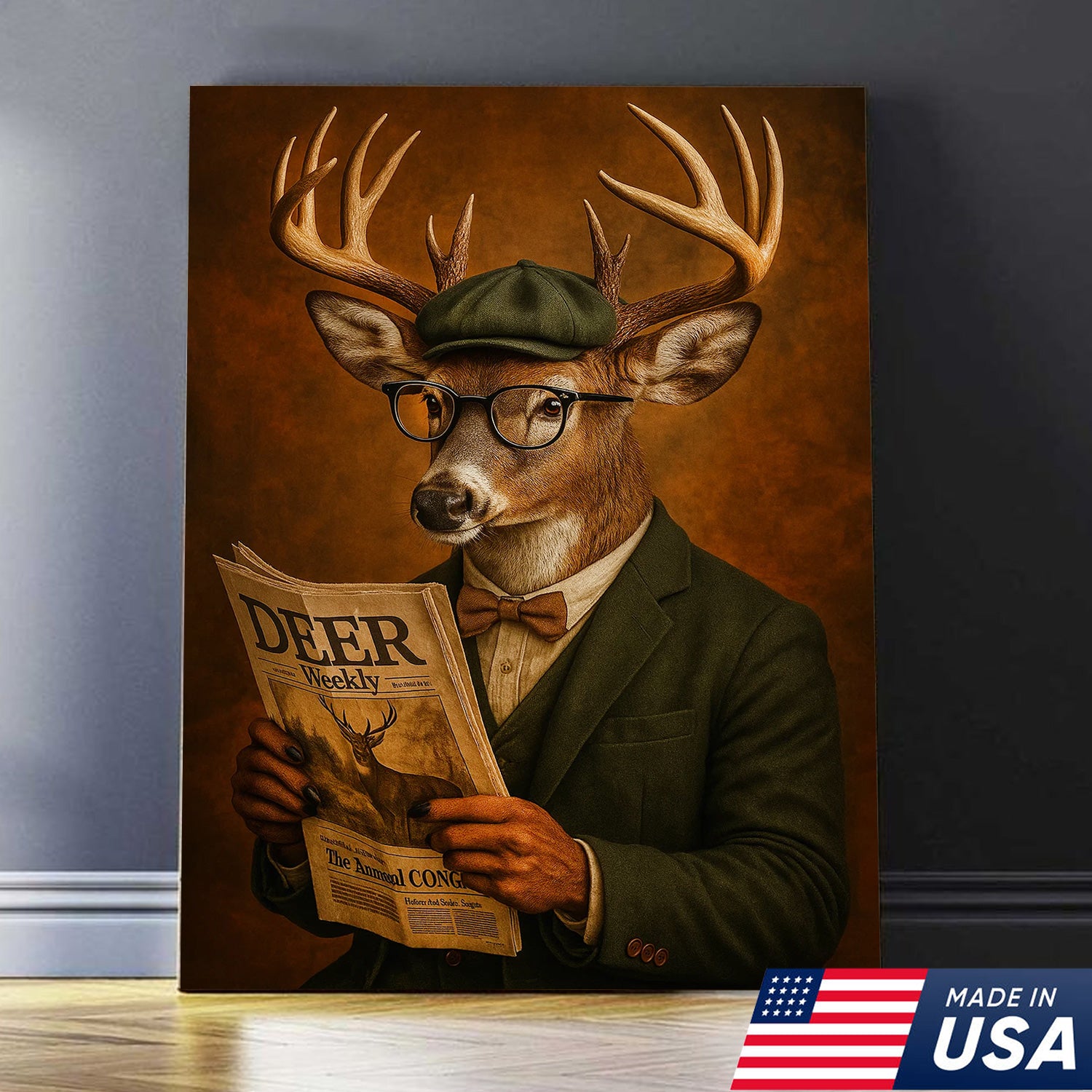 Funny Deer Gentleman Reading Newspaper Canvas – Rustic Hunting Lodge Wall Art