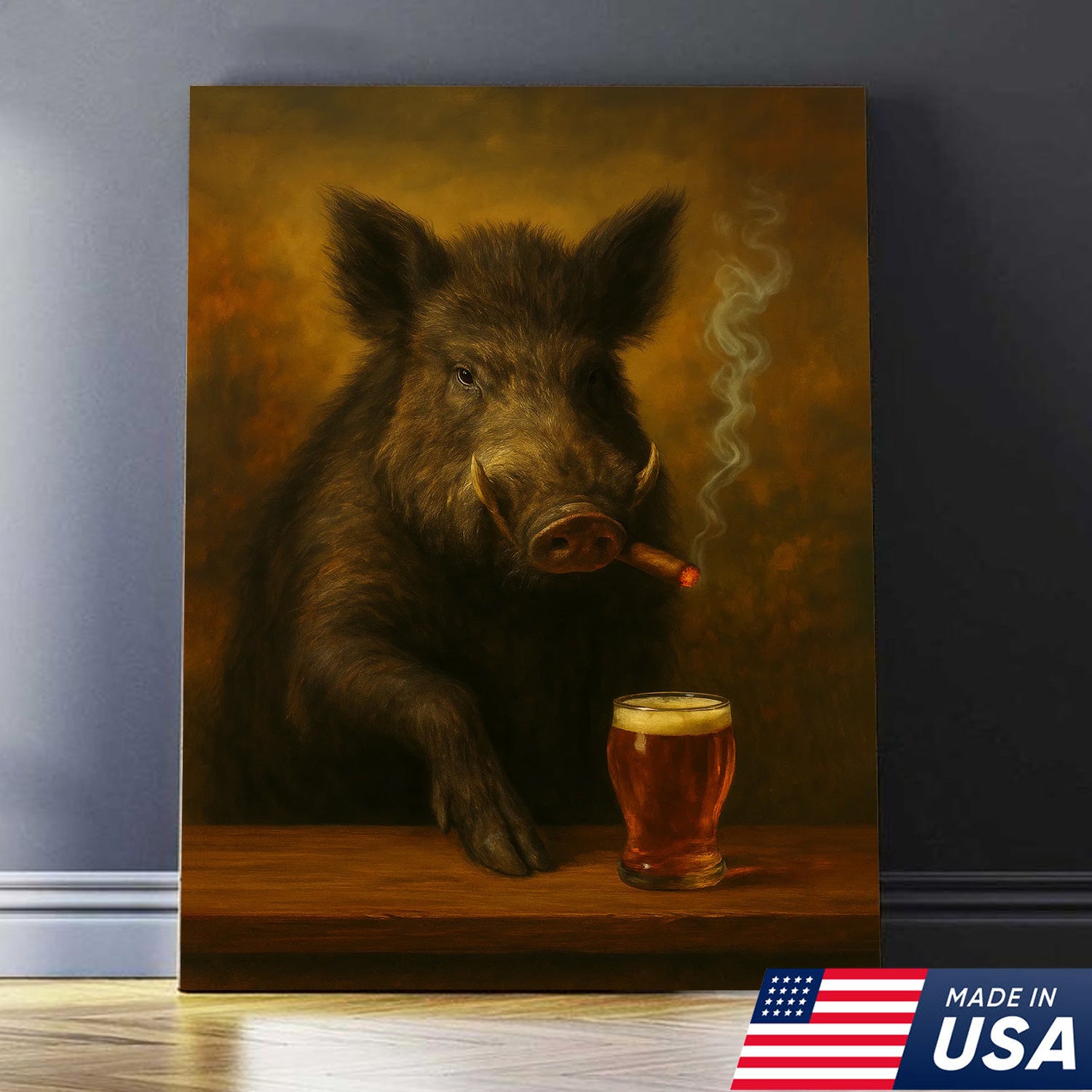 Funny Wild Boar Smoking with Cocktail Glasses Canvas – Rustic Hunting Lodge Wall Art