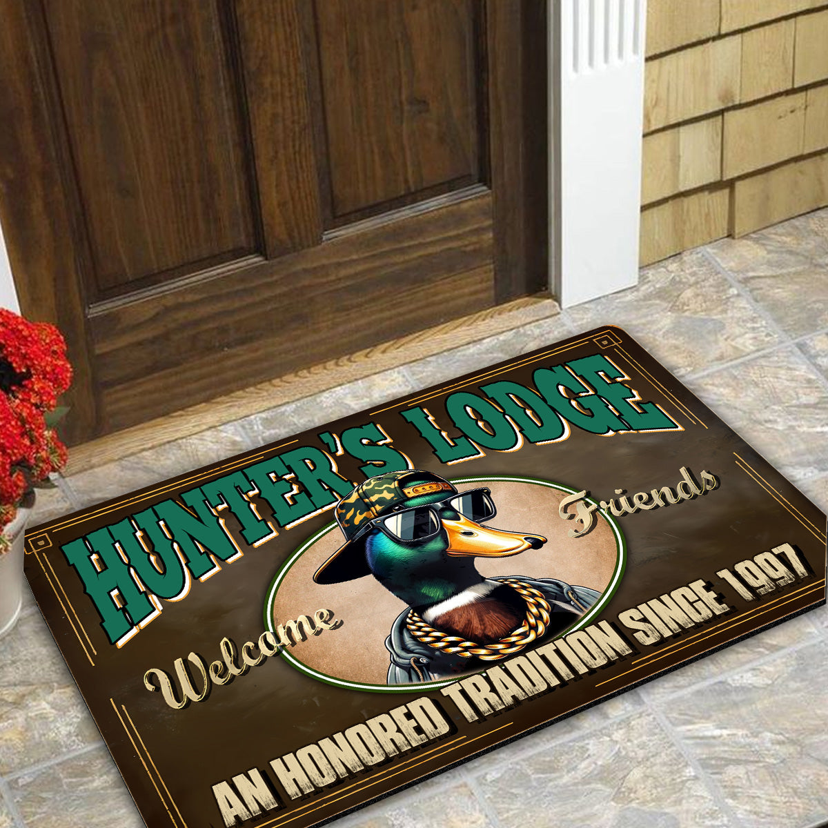 Personalized Hunter’s Lodge Duck Doormat – Funny Hunting Welcome Mat with Custom Year, Rustic Cabin & Lodge Decor