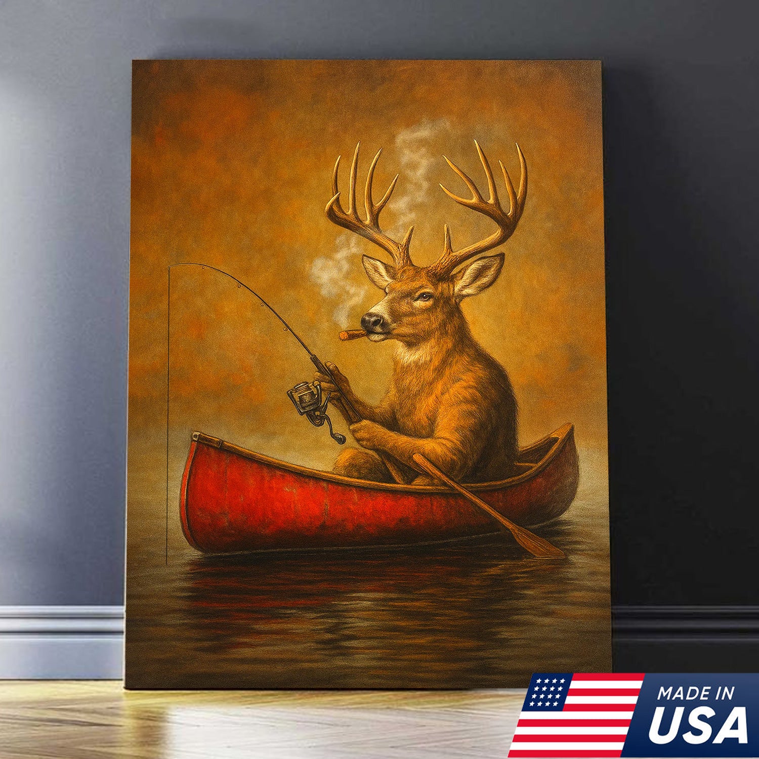 Funny Mule Deer Fishing Canvas Wall Art, Rustic Cabin & Lodge Decor for Hunters & Fishermen