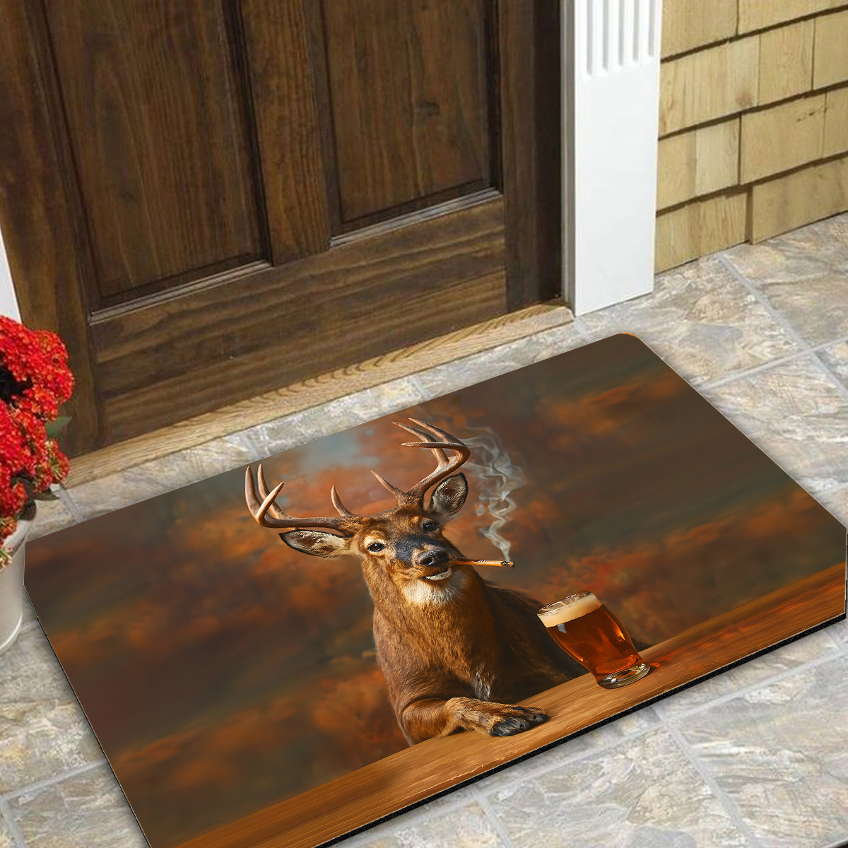 Deer Smoking & Bar Glassware Doormat – Funny Hunting Cabin Rug, Man Cave & Outdoor Decor Gift