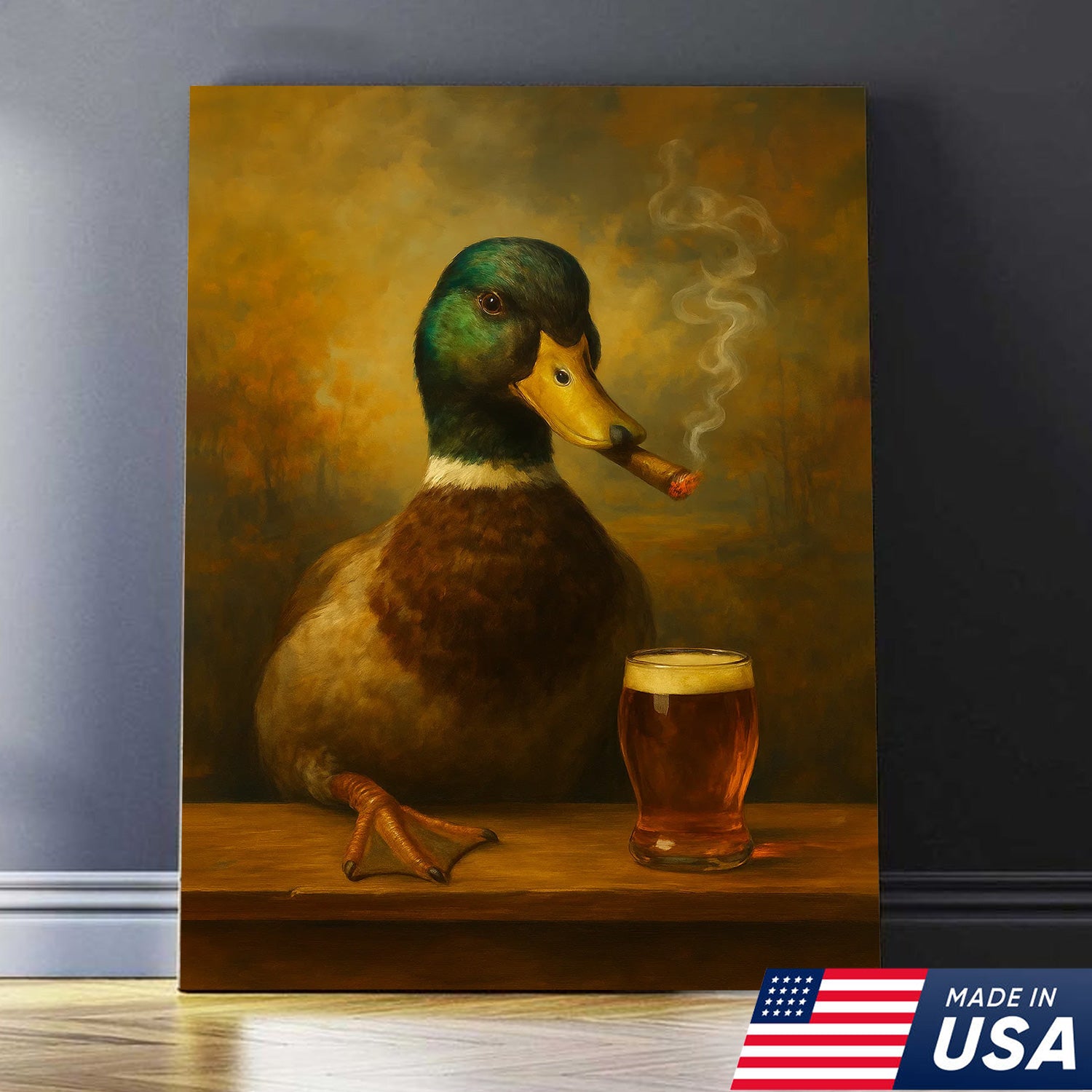 Funny Mallard Duck Smoking & Drinking Cocktail Glasses Canvas Wall Art - Rustic Hunting Perfect Gift for Hunters & Cocktail Glasses Lovers