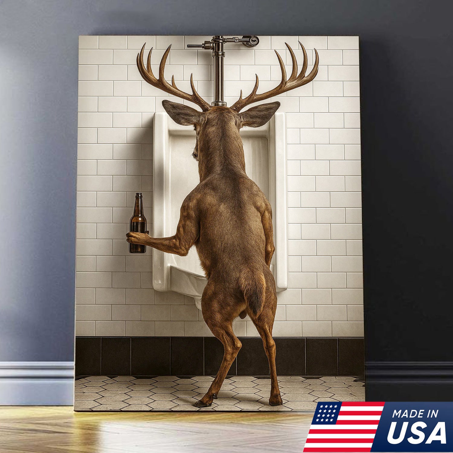 Deer Holding Beer and Standing at the Urinal Canvas – Hilarious Bathroom Wall Art for Rustic Cabin & Man Cave