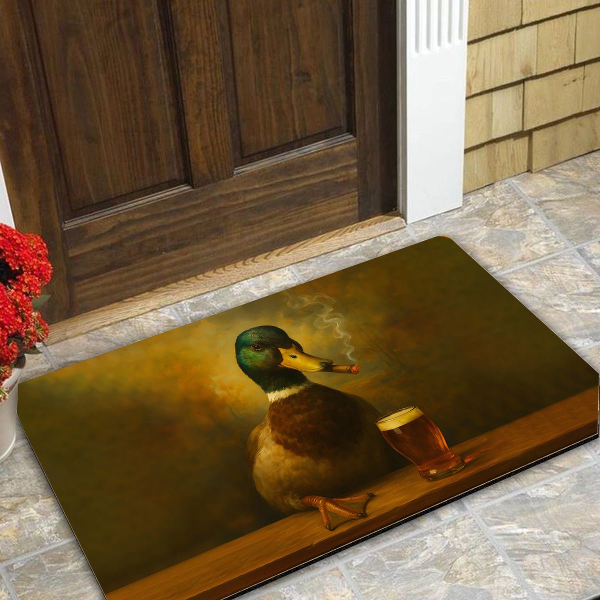 Funny Duck Barware Doormat – Hunting Lodge Rug with Drinking Glasses & Smoking-related Decor, Outdoor Cabin Decor Gift