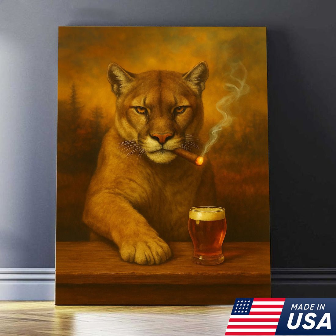 Funny Mountain Lion Smoking With Cocktail Glasses Canvas Wall Art – Rustic Bar Decor Perfect Gift for Hunters & Cocktail Glasses Lovers
