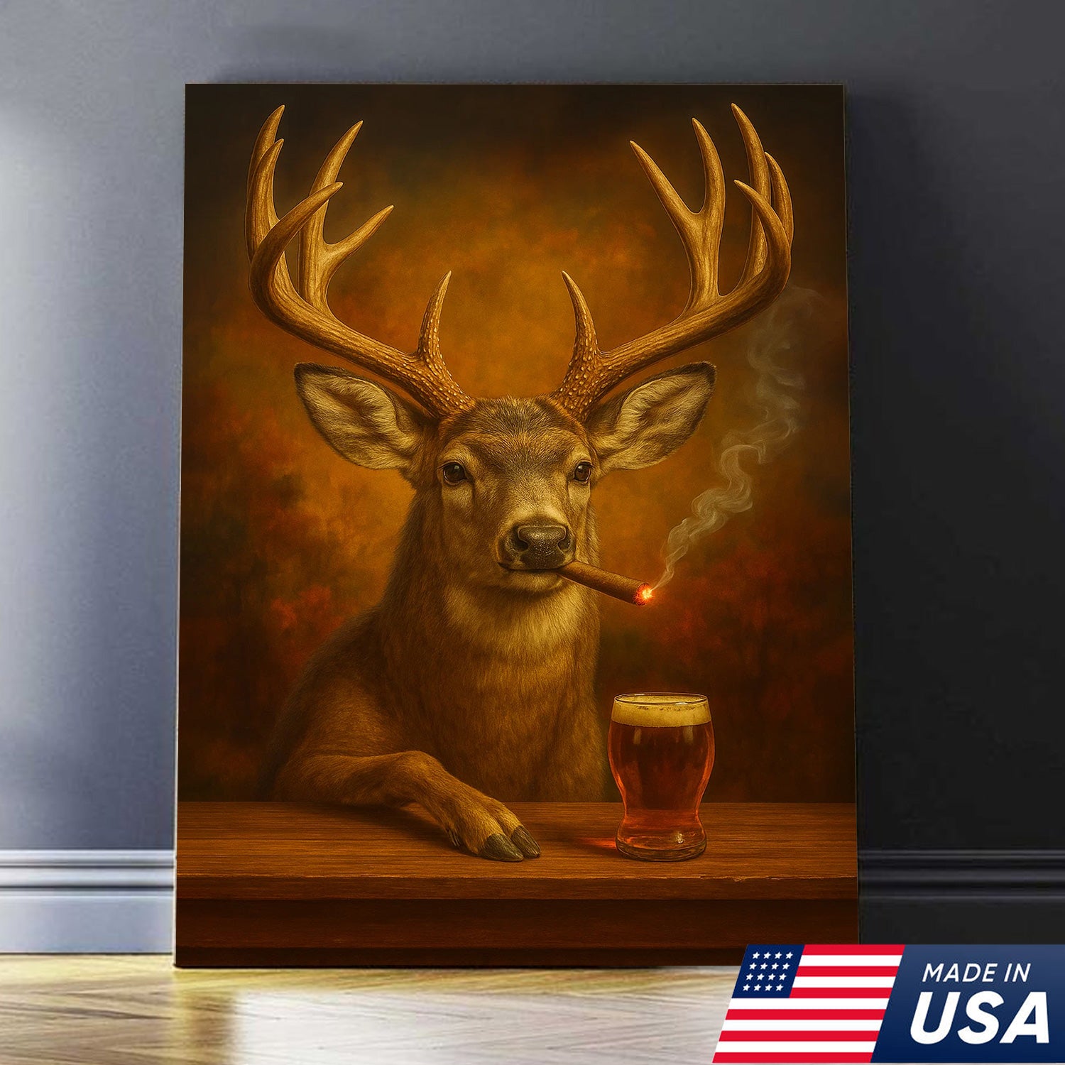 Muke Deer With Smoking & Cocktail Glasses Canvas – Funny Hunting Lodge Wall Art Perfect Gift for Hunters & Cocktail Glasses Lovers