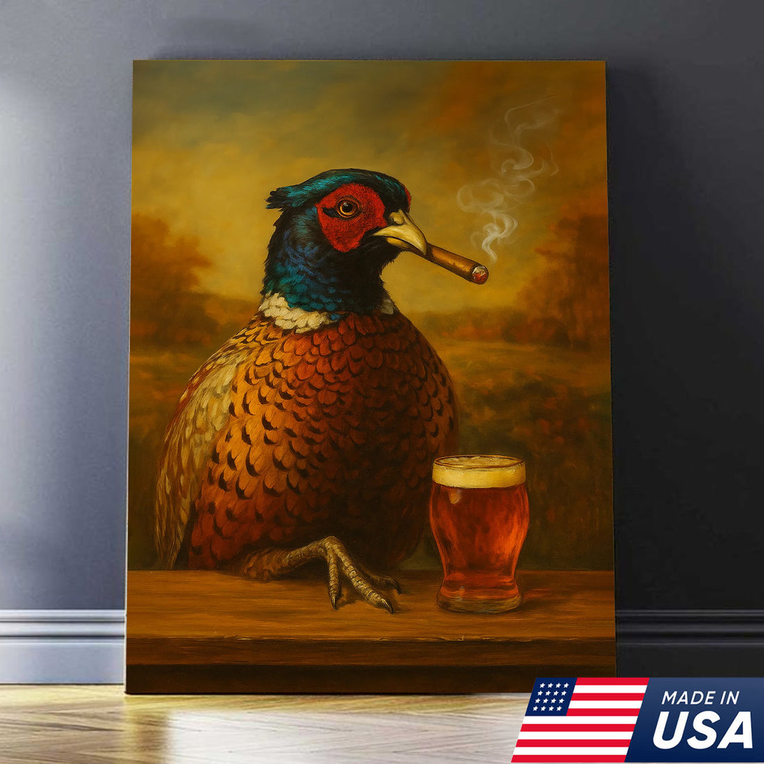 Pheasant With Smoking & Cocktail Glasses Canvas – Hunting Lodge Decor Perfect Gift for Hunters & Cocktail Glasses Lovers