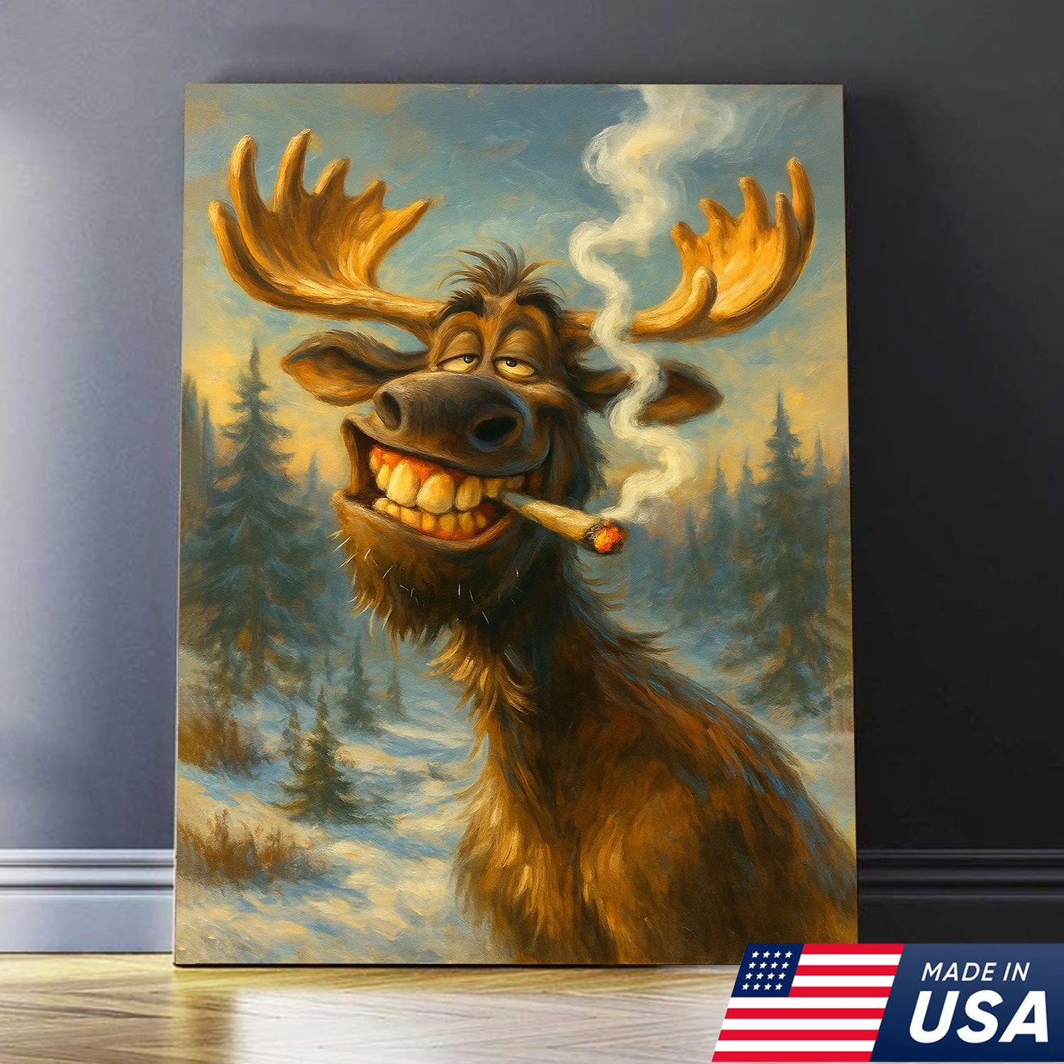 Funny Moose Smoking Canvas Wall Art – Rustic Cabin Lodge Decor