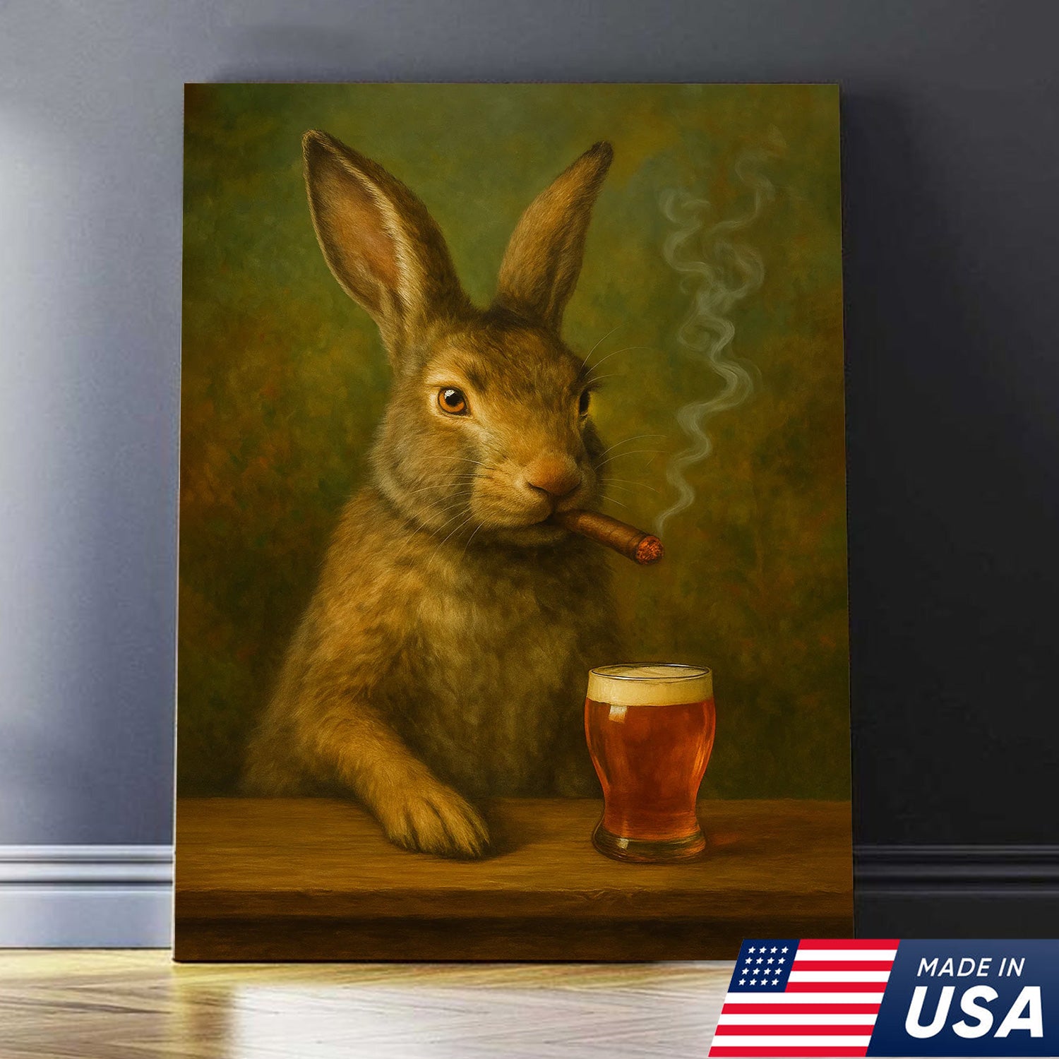 Funny Rabbit Smoking and Drinking Cocktail Glasses Canvas Wall Art – Rustic Cabin Decor